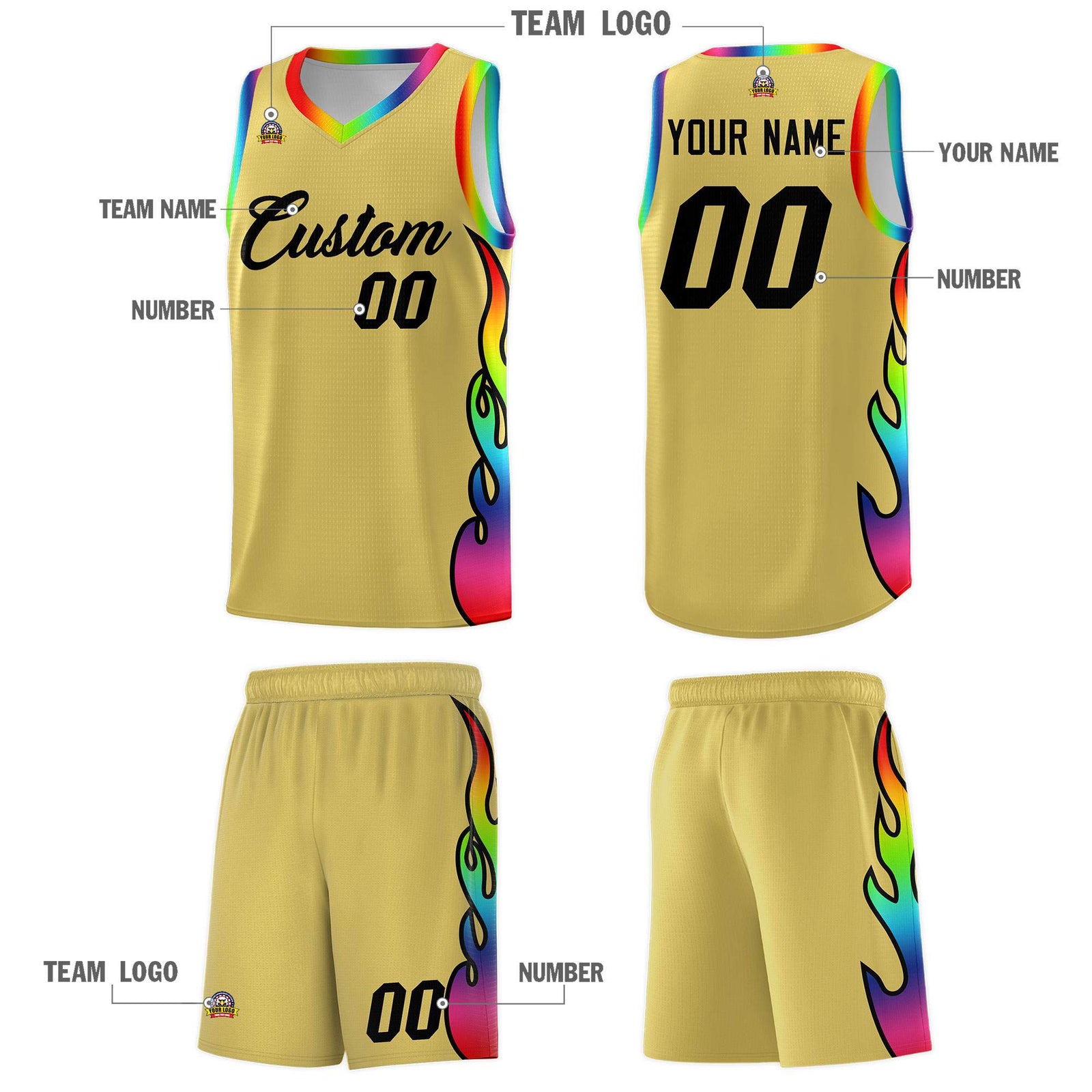 Custom Old Gold Side Flame Pattern Fashion Sports Uniform Basketball Jersey