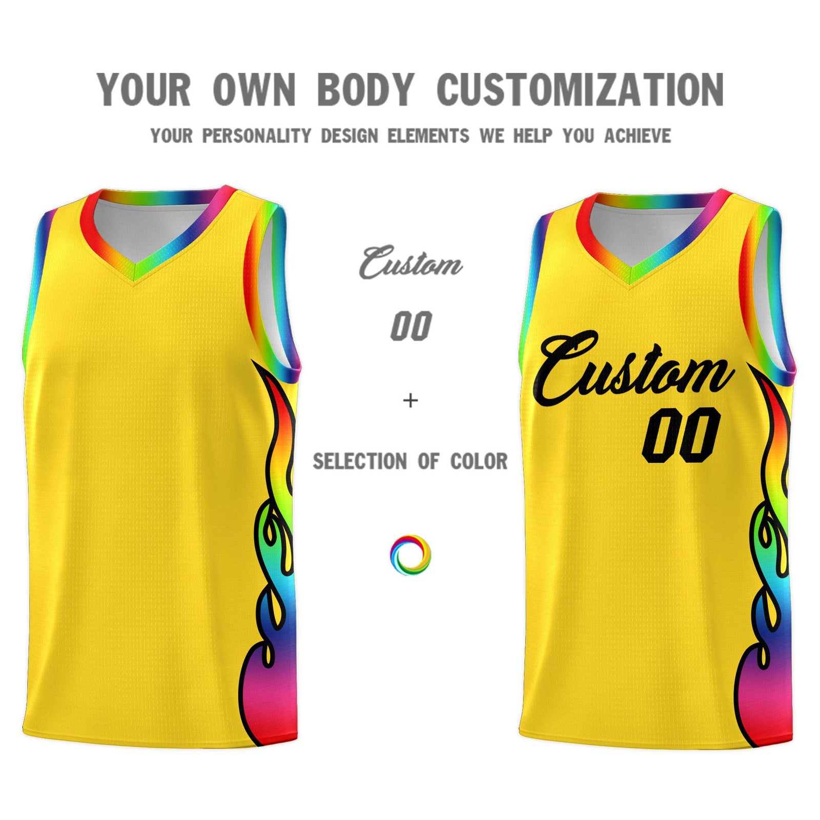 Custom Gold Side Flame Pattern Fashion Sports Uniform Basketball Jersey