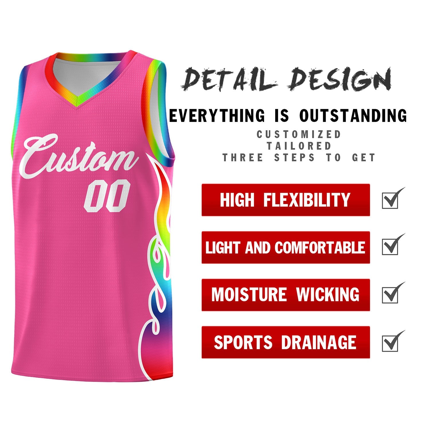 Custom Pink Side Flame Pattern Fashion Sports Uniform Basketball Jersey