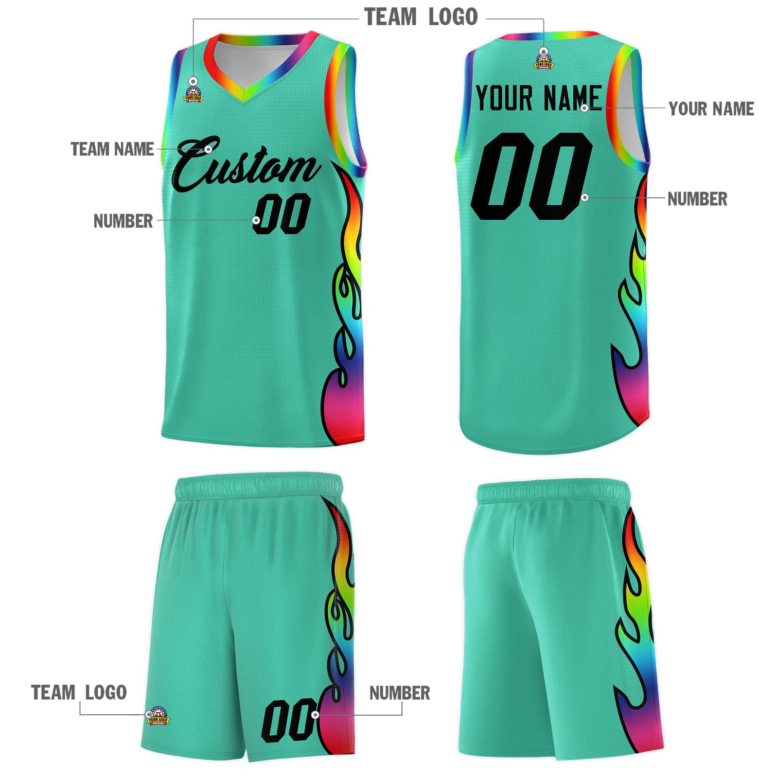 Custom Bright Green Side Flame Pattern Fashion Sports Uniform Basketball Jersey