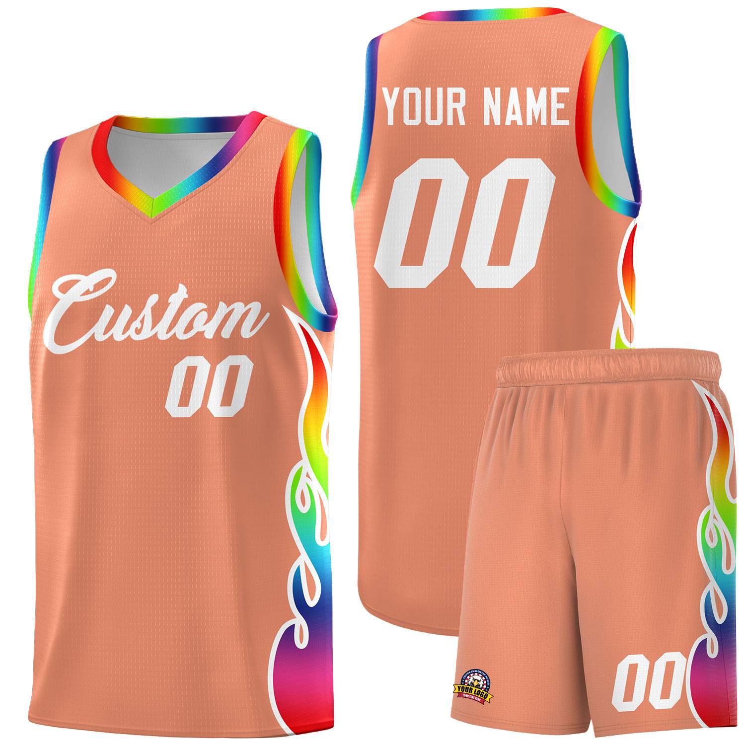 Custom Light Orange Side Flame Pattern Fashion Sports Uniform Basketball Jersey
