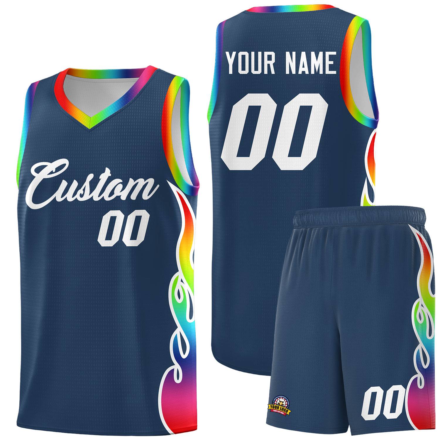 Custom Midnight Blue Side Flame Pattern Fashion Sports Uniform Basketball Jersey