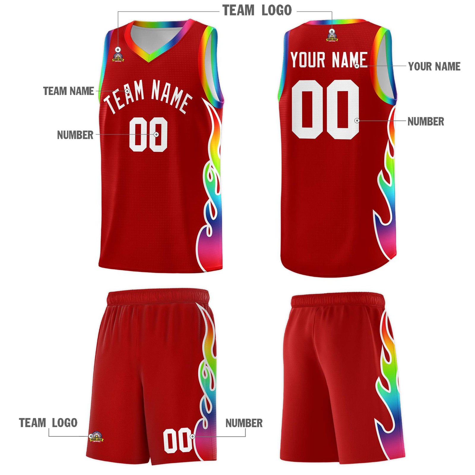 Custom Red Side Flame Pattern Fashion Sports Uniform Basketball Jersey