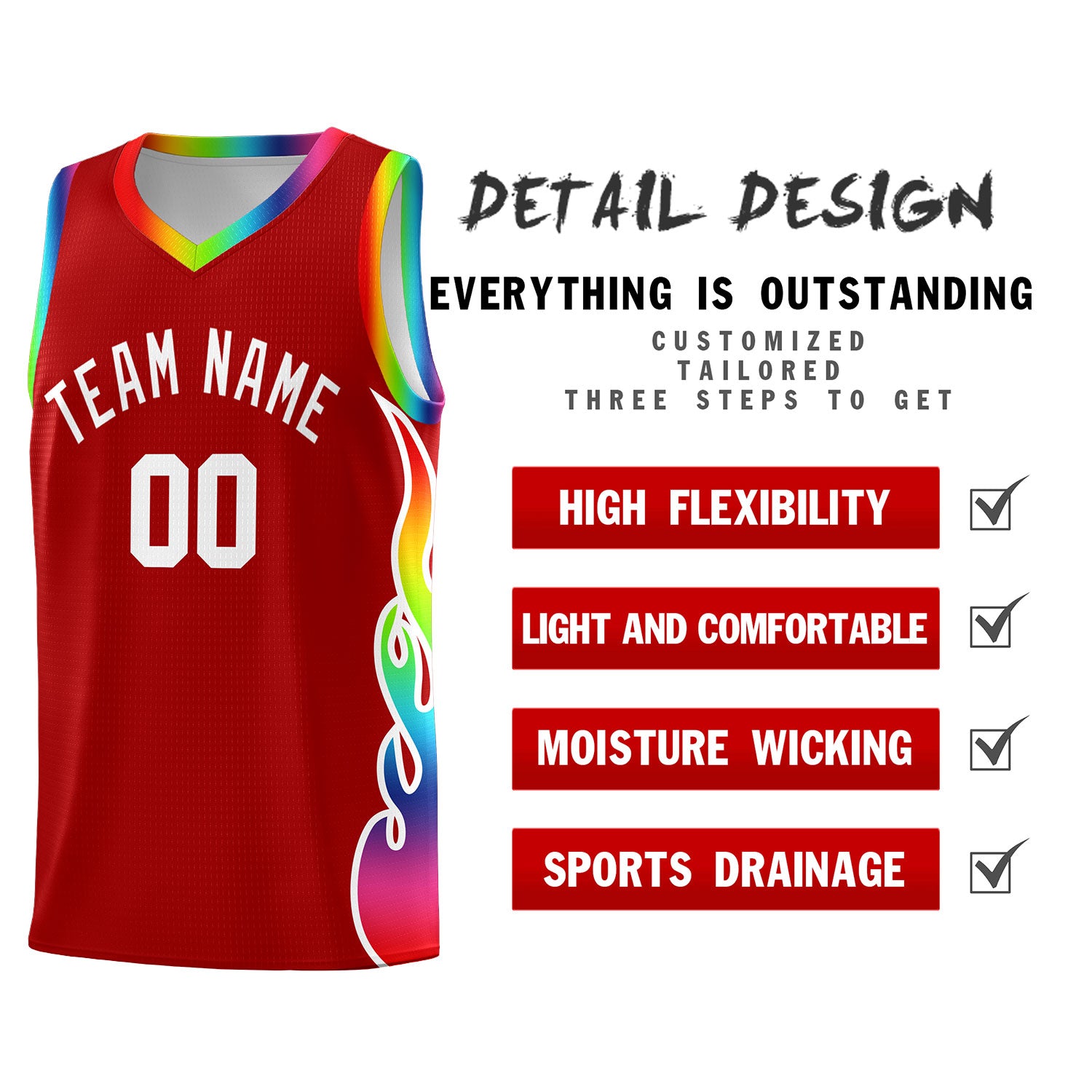 Custom Red Side Flame Pattern Fashion Sports Uniform Basketball Jersey