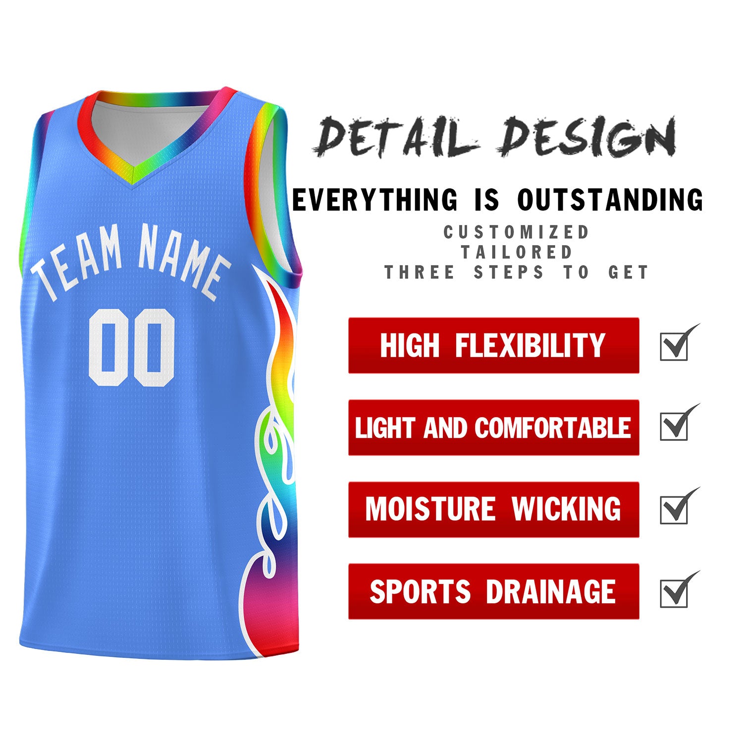 Custom Powder Blue Side Flame Pattern Fashion Sports Uniform Basketball Jersey