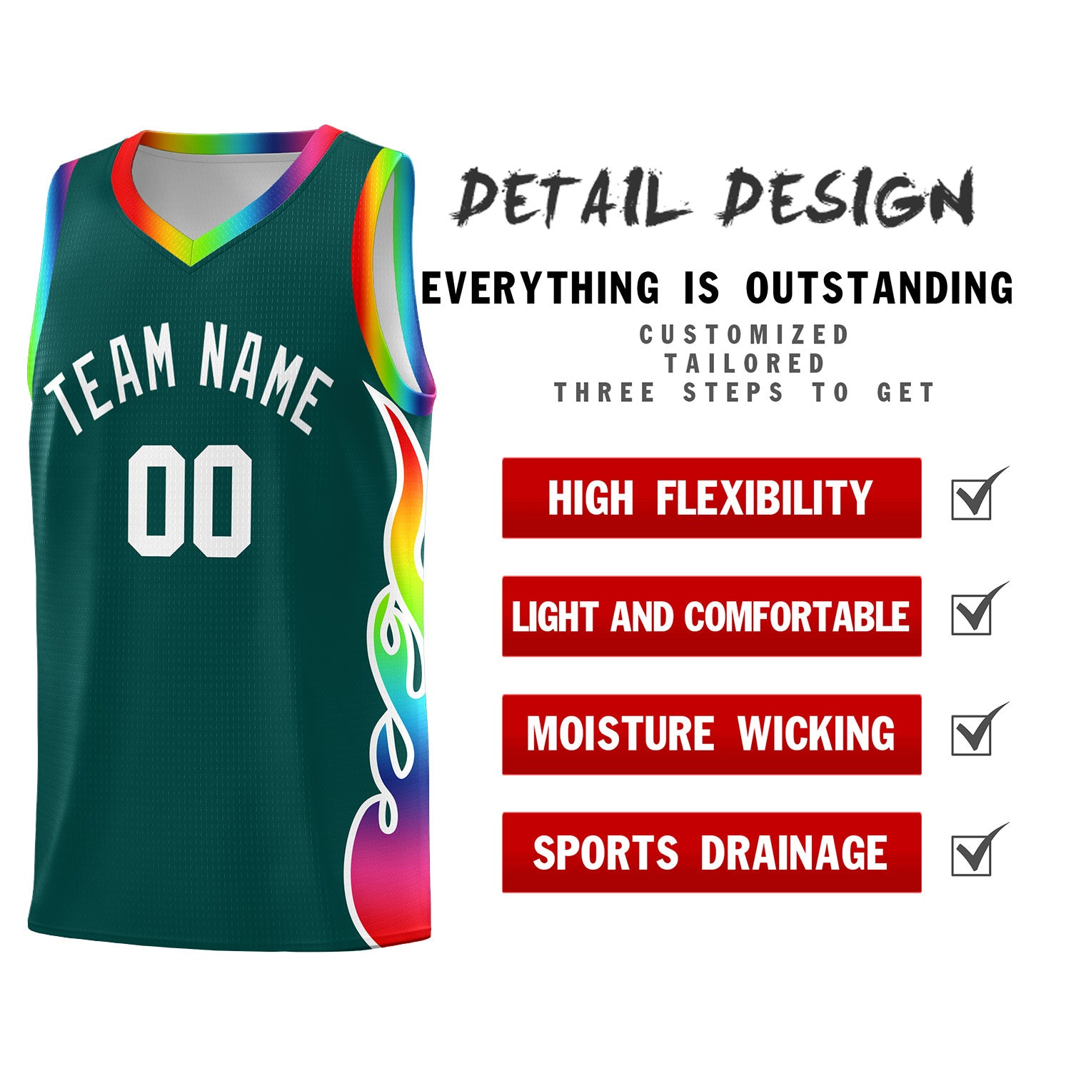 Custom Midnight Green Side Flame Pattern Fashion Sports Uniform Basketball Jersey