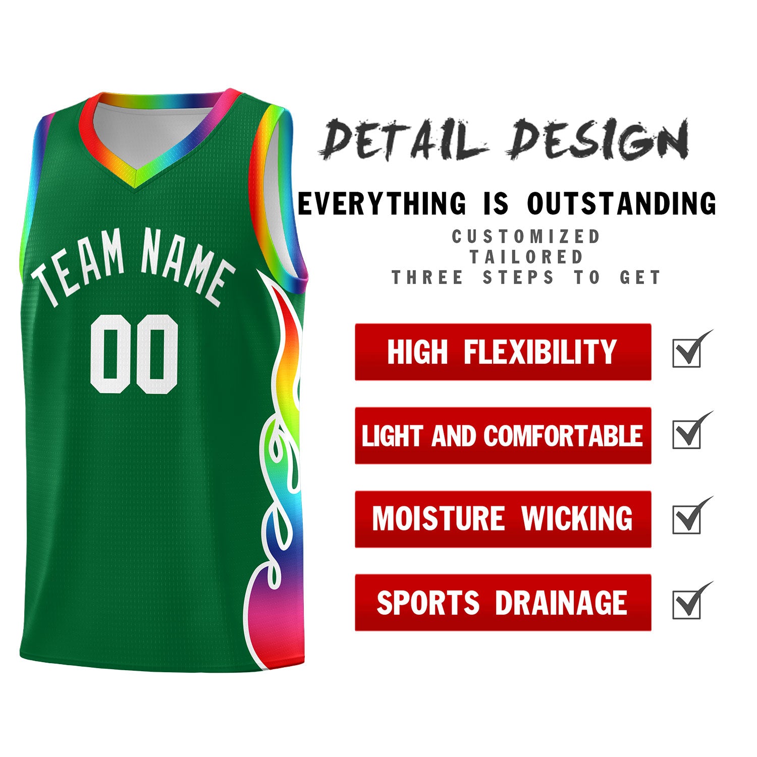 Custom Kelly Green Side Flame Pattern Fashion Sports Uniform Basketball Jersey
