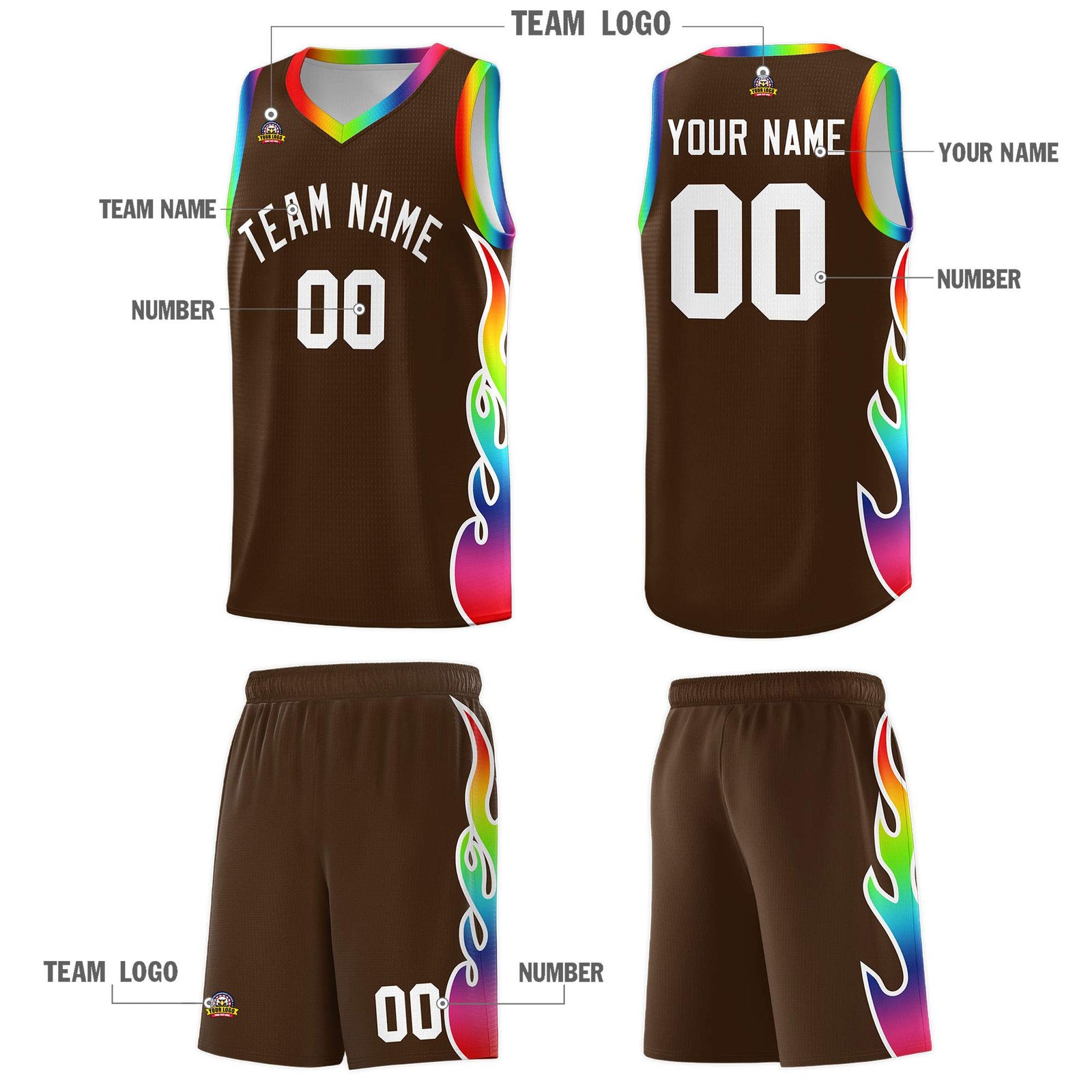 Custom Brown Side Flame Pattern Fashion Sports Uniform Basketball Jersey