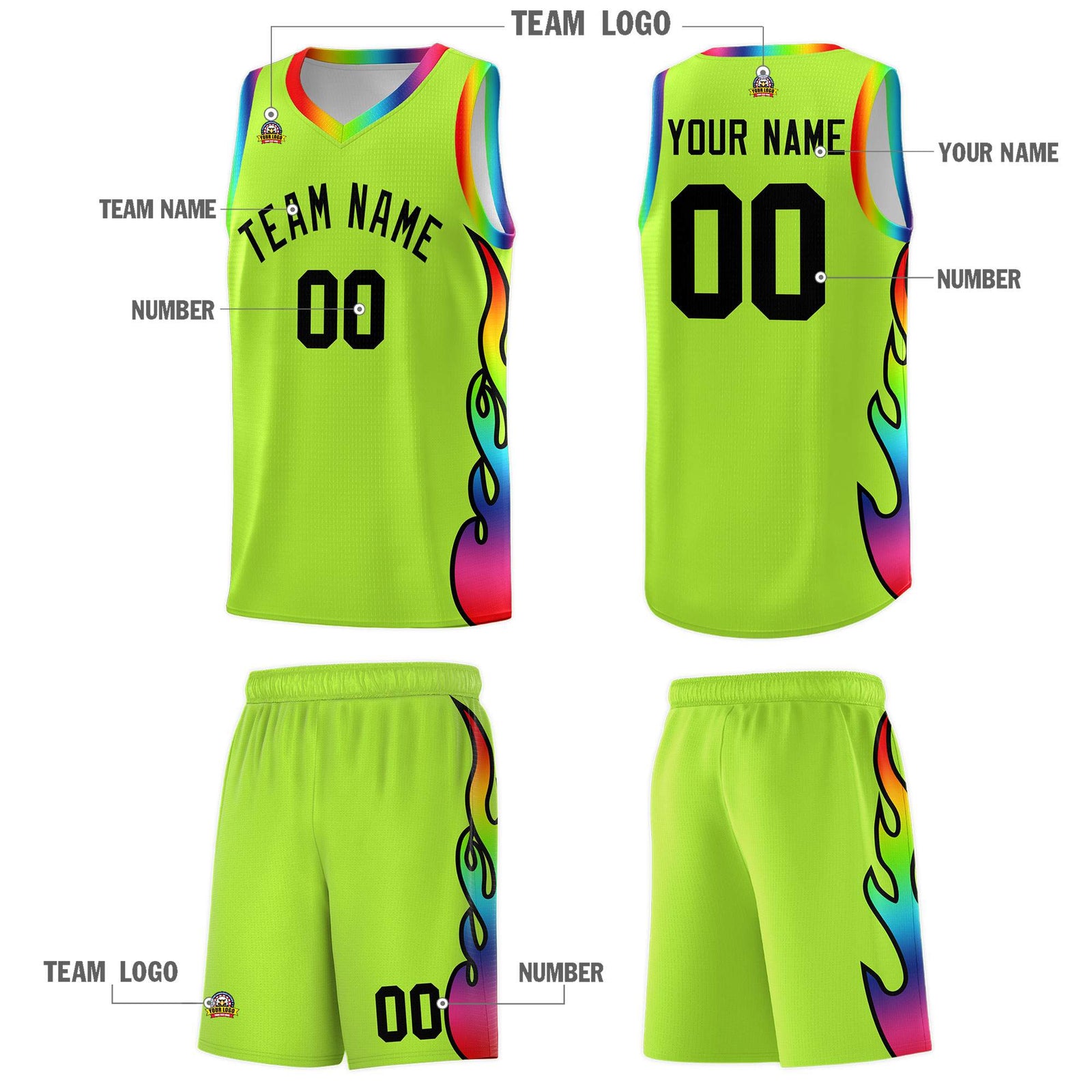Custom Neon Green Side Flame Pattern Fashion Sports Uniform Basketball Jersey
