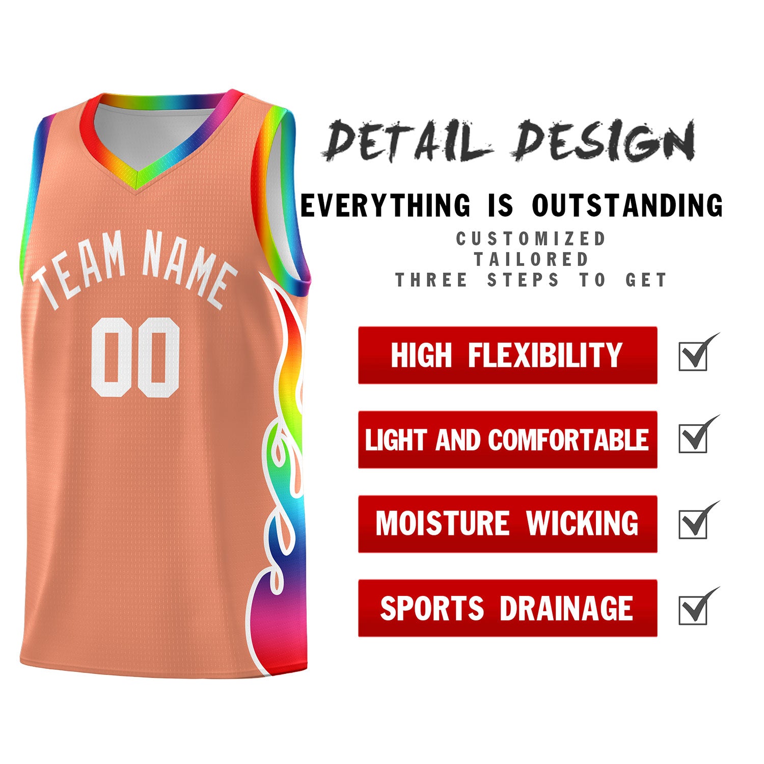 Custom Light Orange Side Flame Pattern Fashion Sports Uniform Basketball Jersey