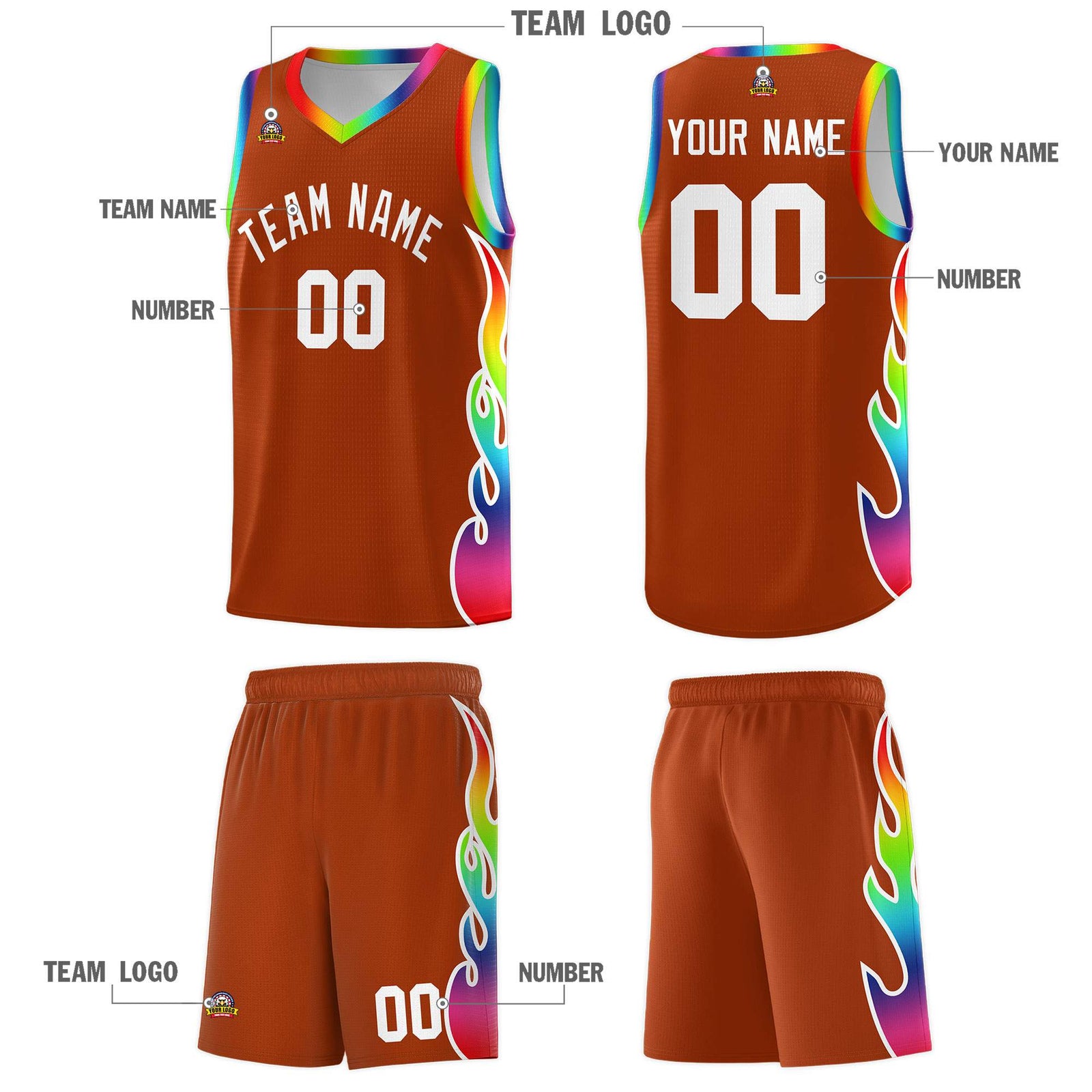 Custom Texas Orange Side Flame Pattern Fashion Sports Uniform Basketball Jersey