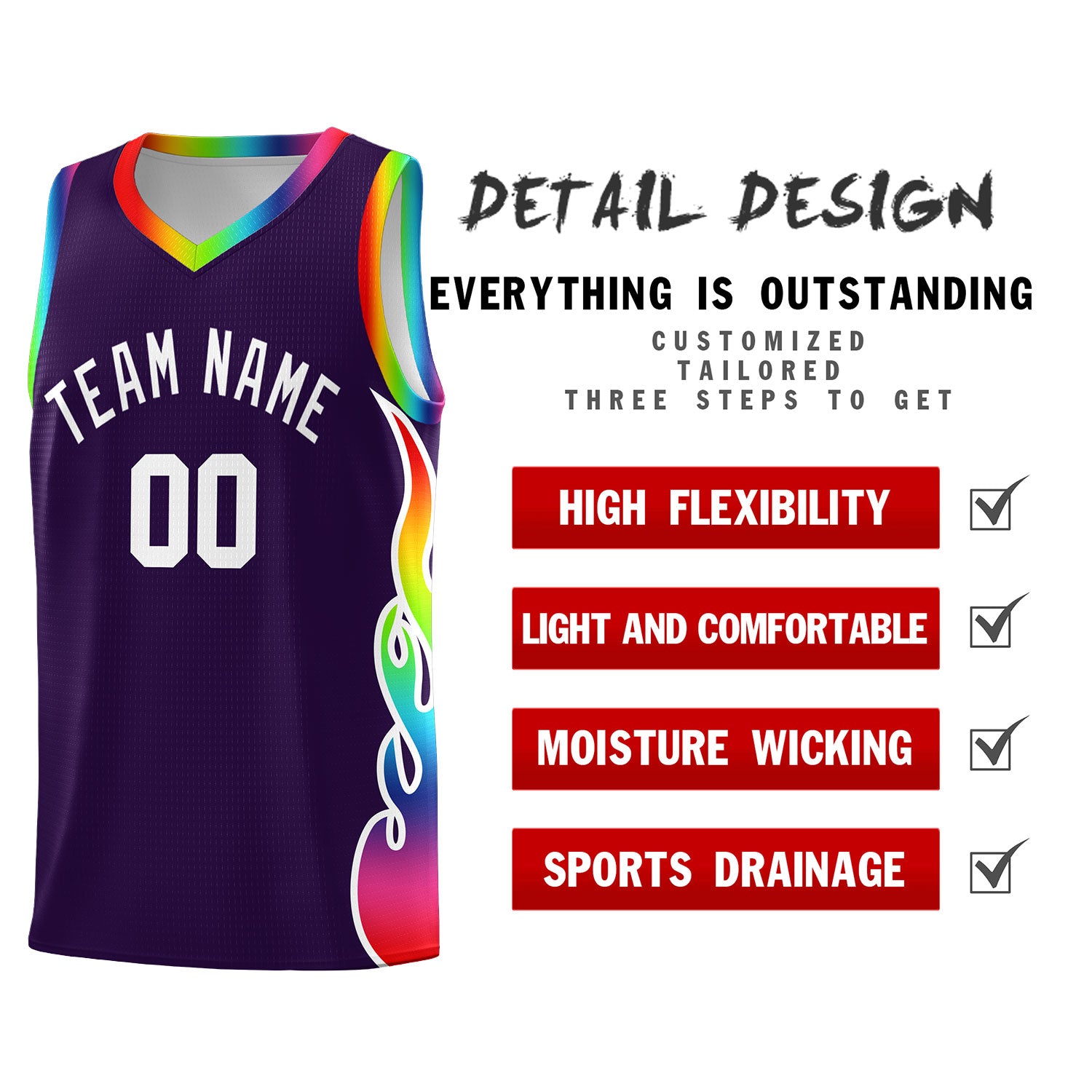 Custom Purple Side Flame Pattern Fashion Sports Uniform Basketball Jersey