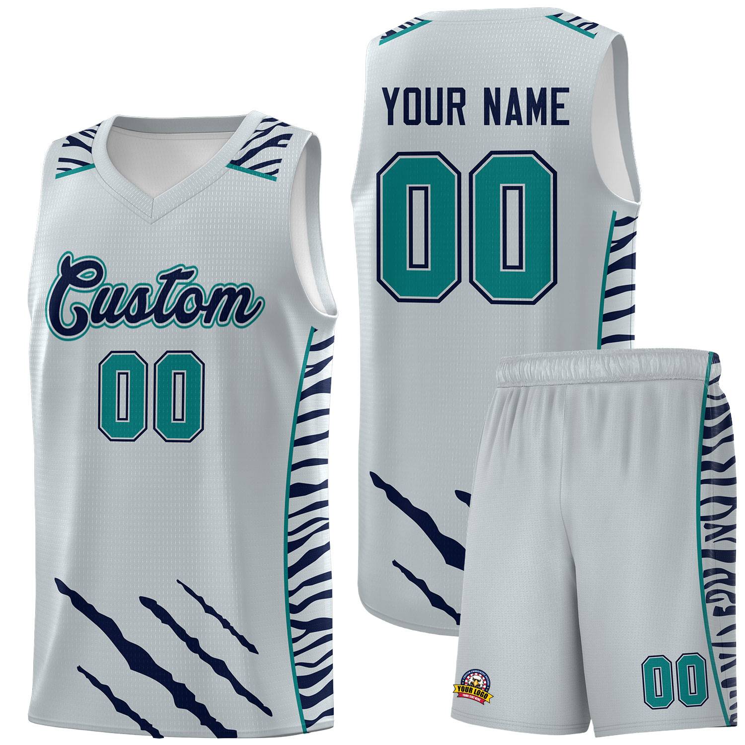Custom Silver Personalized Tiger Claw Pattern Sports Uniform Basketball Jersey