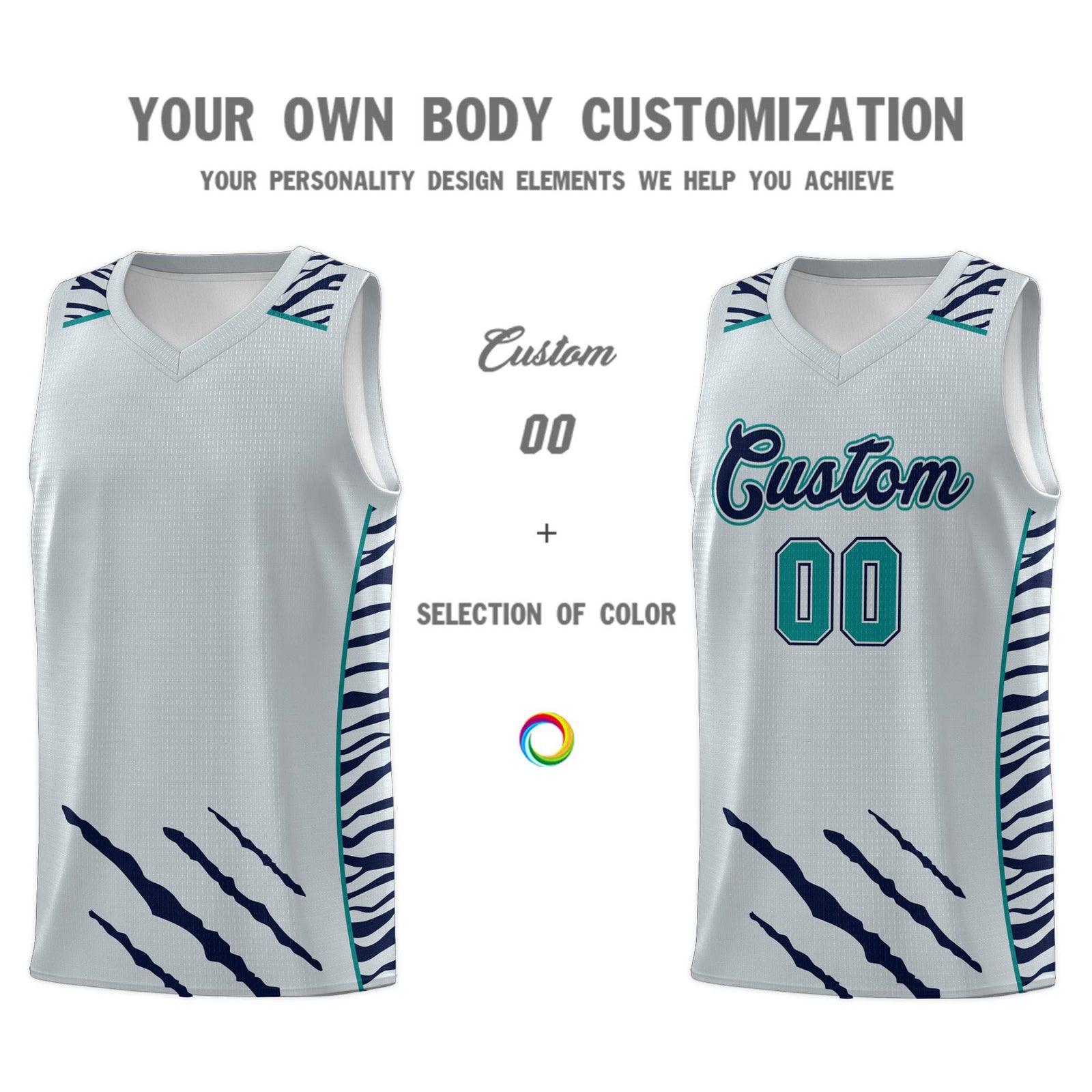 Custom Silver Personalized Tiger Claw Pattern Sports Uniform Basketball Jersey