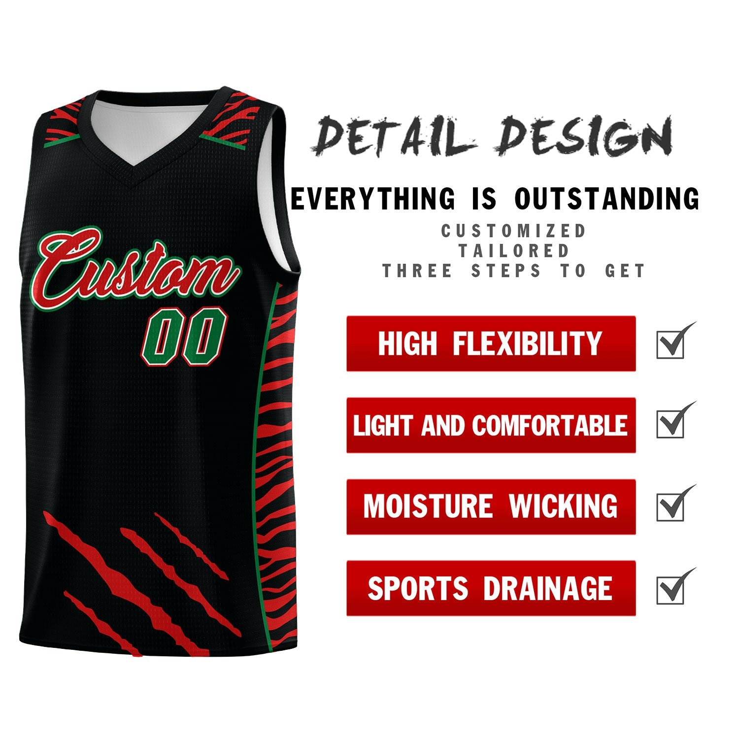 Custom Black Personalized Tiger Claw Pattern Sports Uniform Basketball Jersey