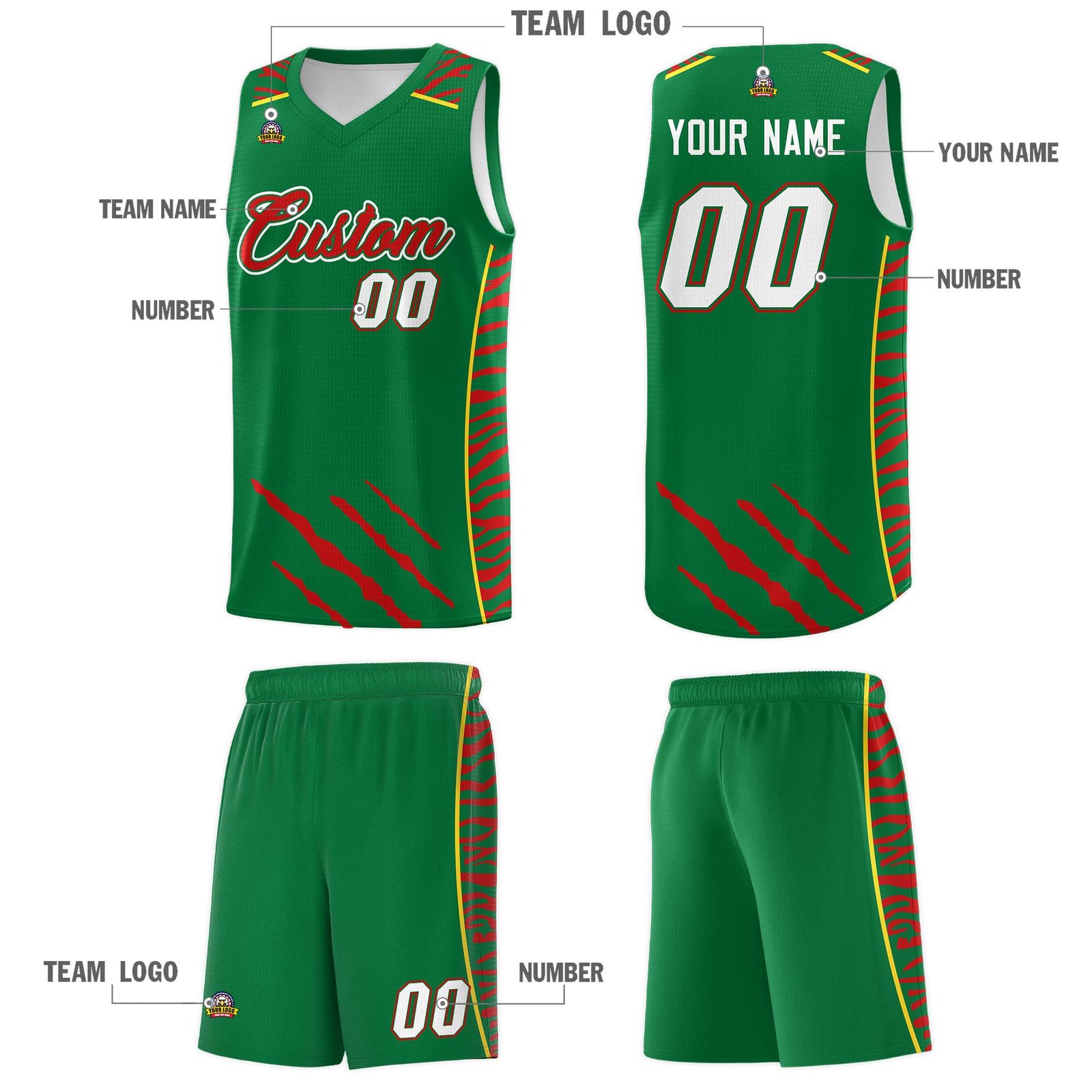 Custom Kelly Green Personalized Tiger Claw Pattern Sports Uniform Basketball Jersey