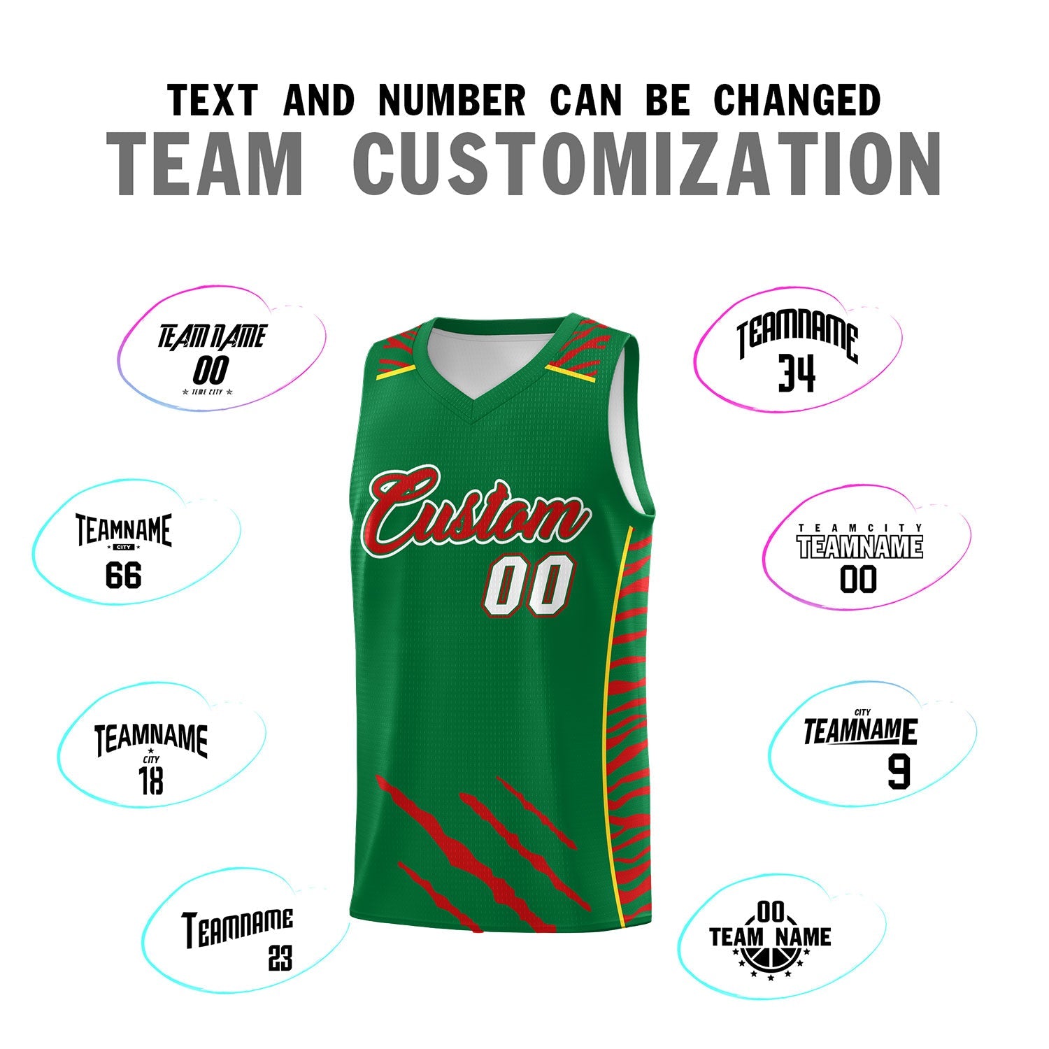 Custom Kelly Green Personalized Tiger Claw Pattern Sports Uniform Basketball Jersey