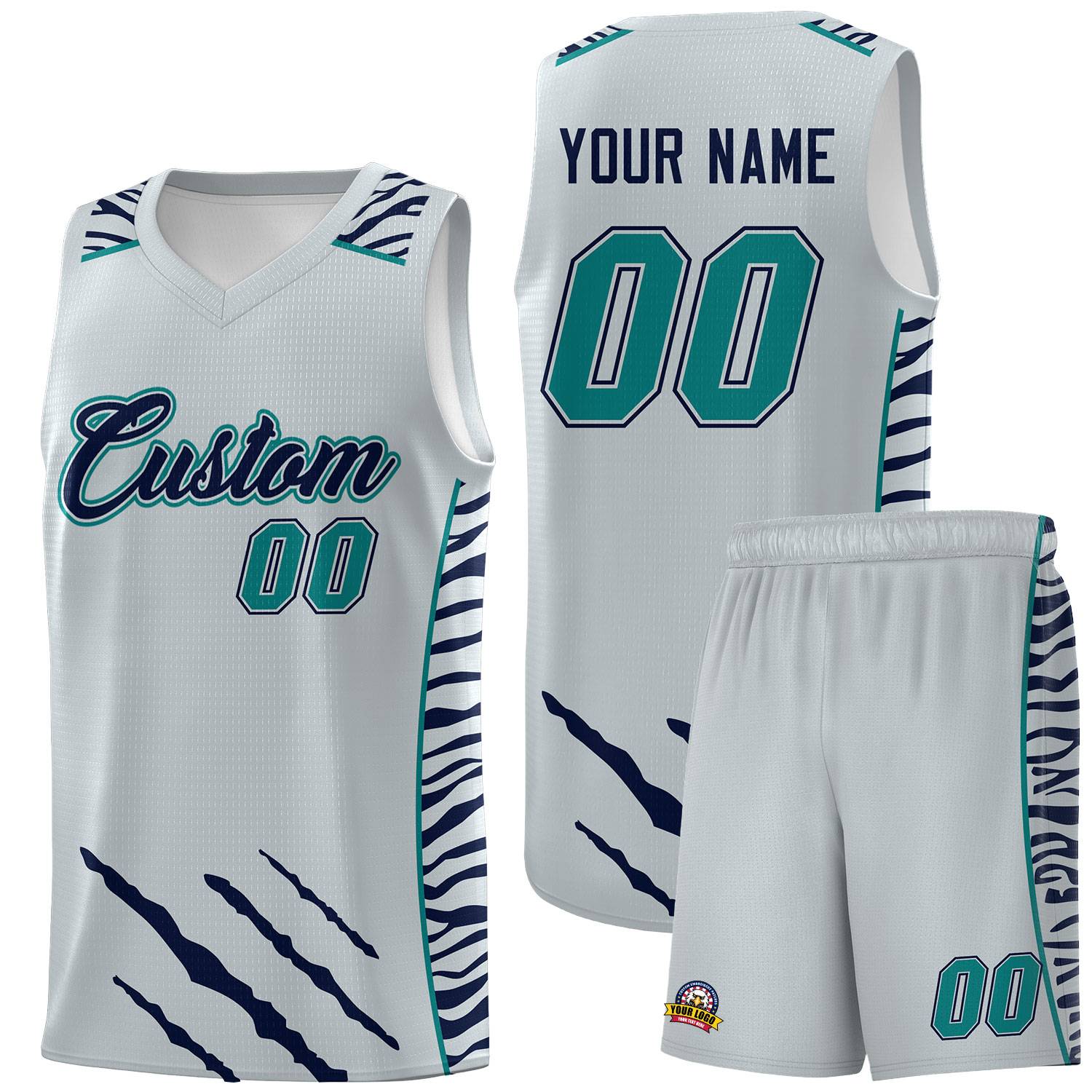 Custom Silver Personalized Tiger Claw Pattern Sports Uniform Basketball Jersey