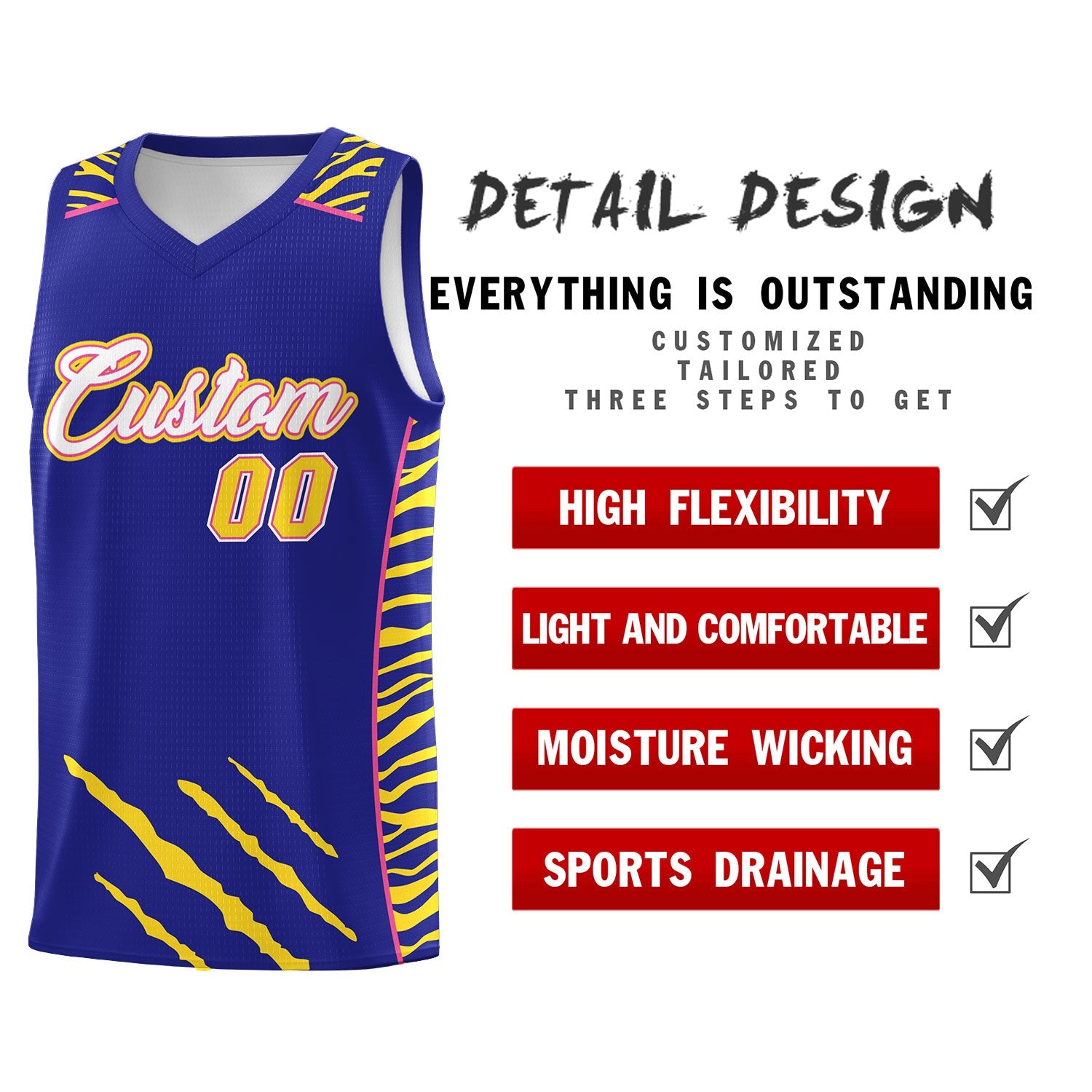 Custom Royal Personalized Tiger Claw Pattern Sports Uniform Basketball Jersey