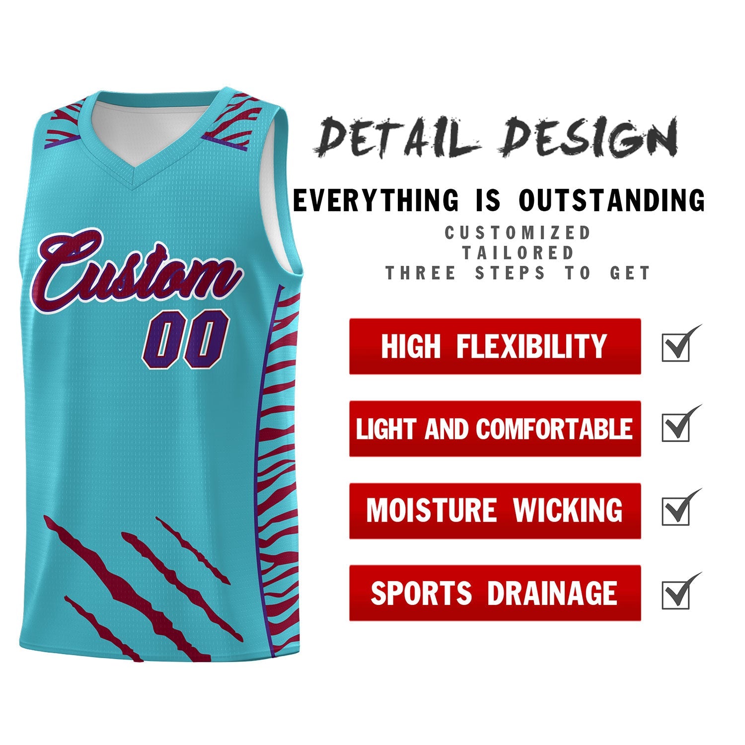 Custom Sky Blue Personalized Tiger Claw Pattern Sports Uniform Basketball Jersey