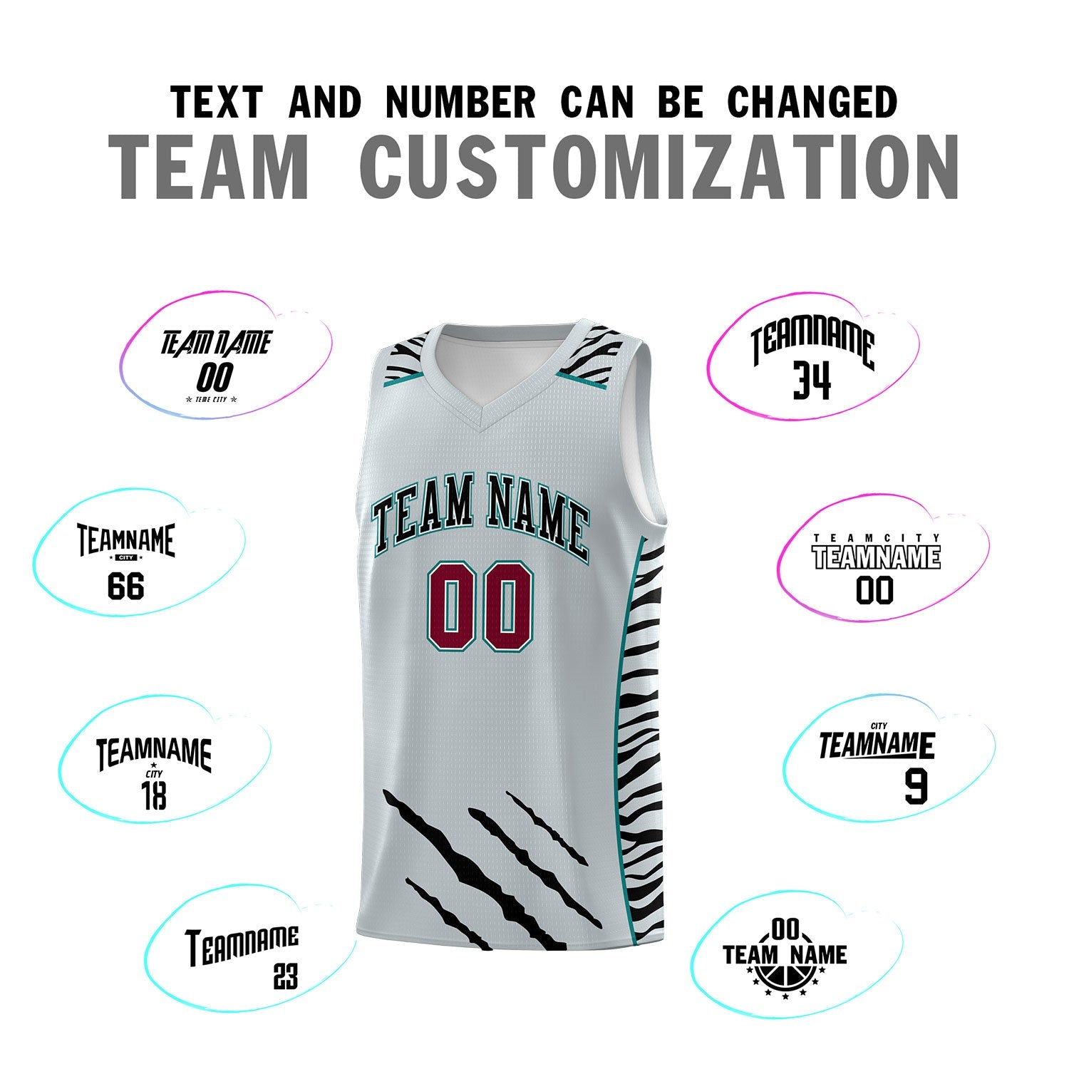Custom Silver Personalized Tiger Claw Pattern Sports Uniform Basketball Jersey