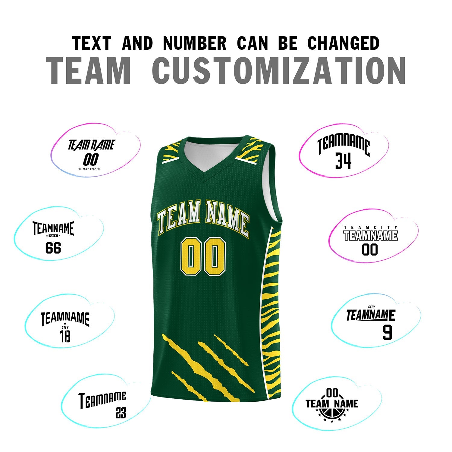 Custom Green Personalized Tiger Claw Pattern Sports Uniform Basketball Jersey