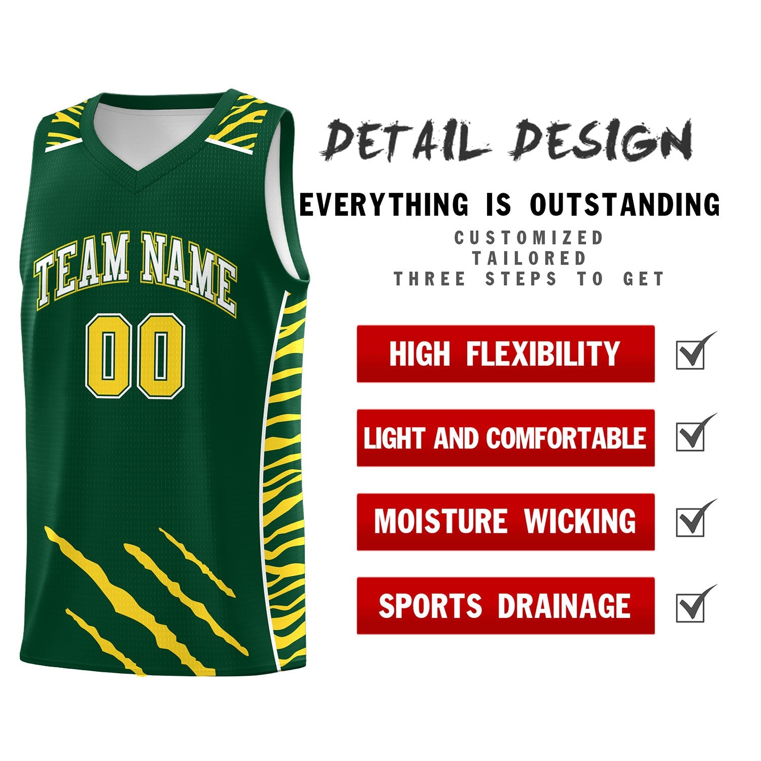 Custom Green Personalized Tiger Claw Pattern Sports Uniform Basketball Jersey