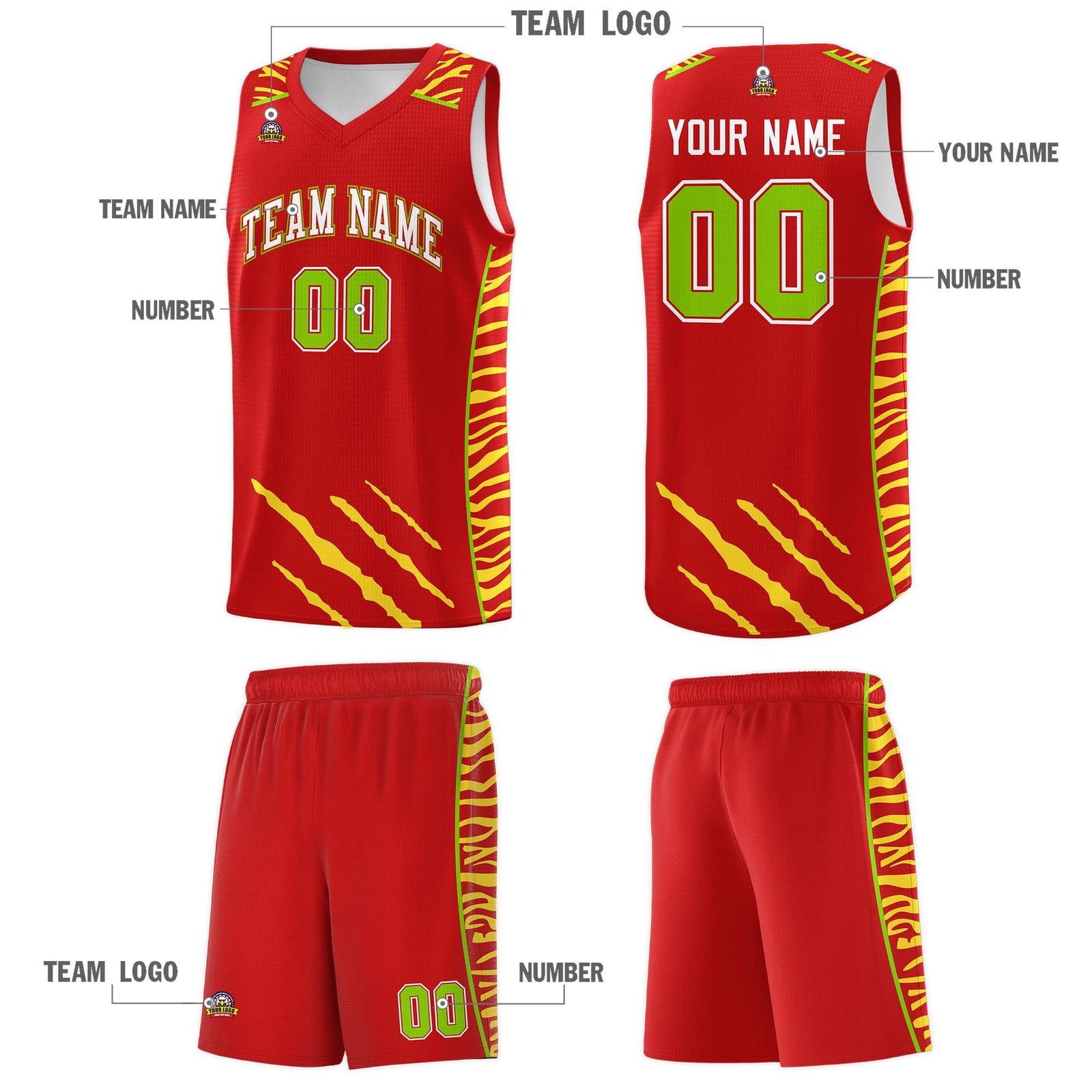 Custom Red Personalized Tiger Claw Pattern Sports Uniform Basketball Jersey