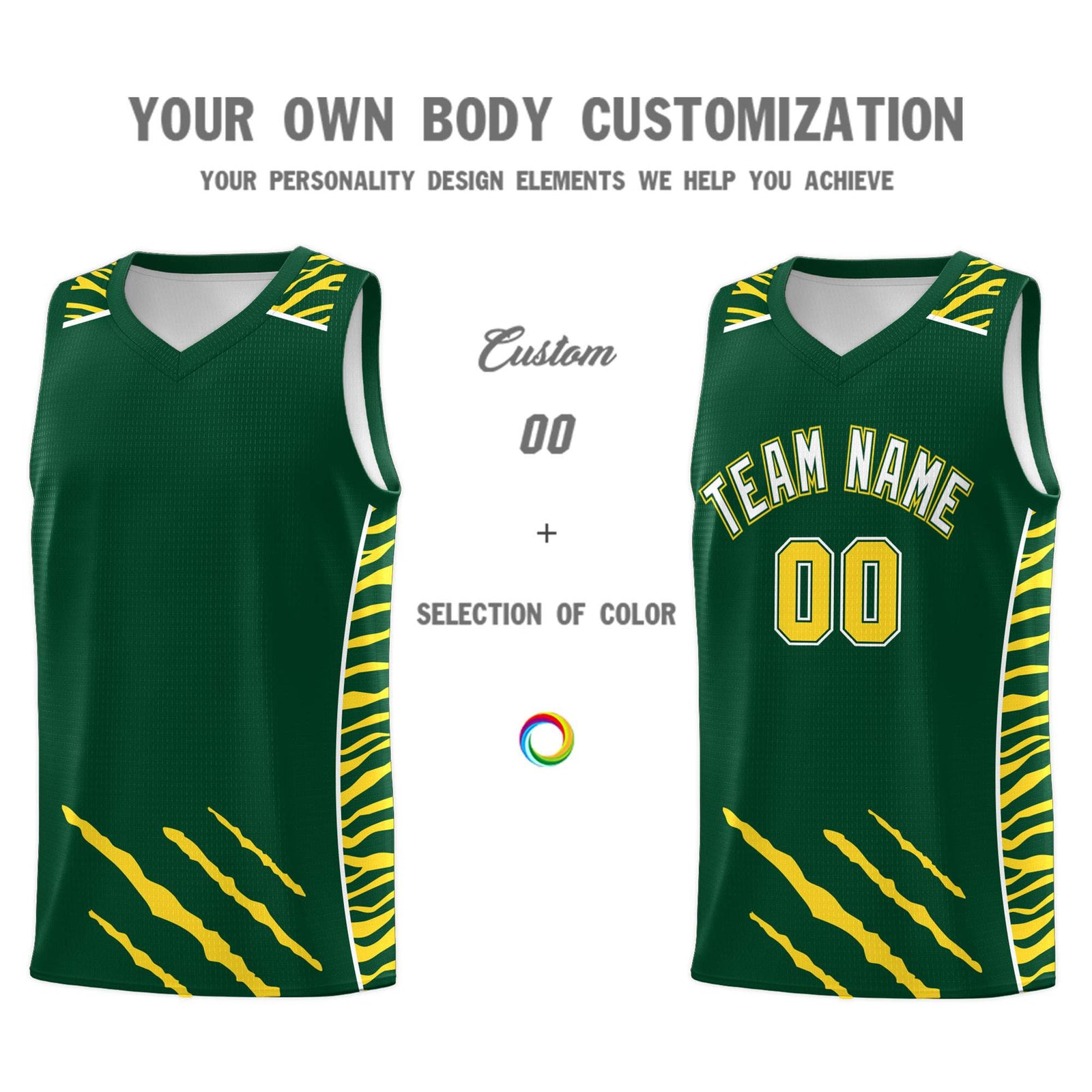 Custom Green Personalized Tiger Claw Pattern Sports Uniform Basketball Jersey