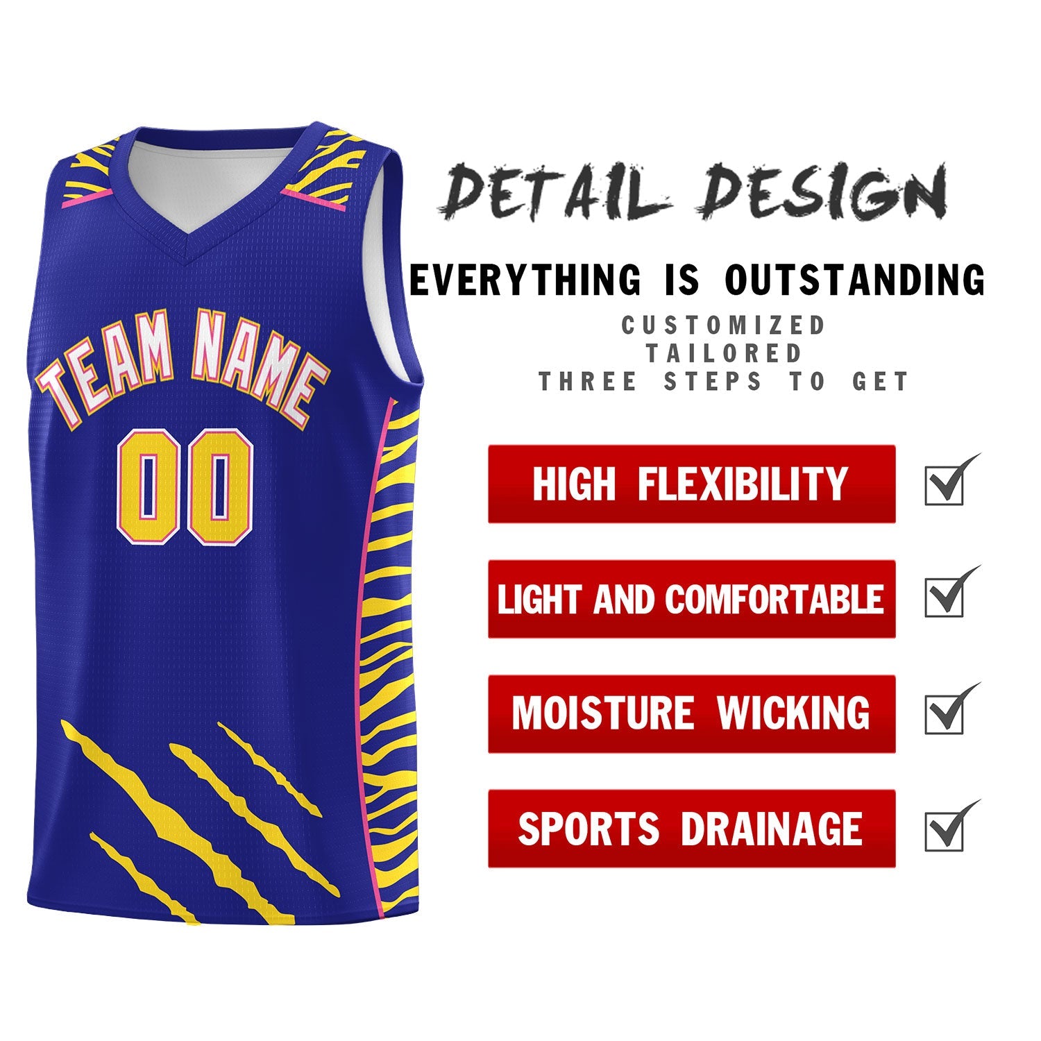 Custom Royal Personalized Tiger Claw Pattern Sports Uniform Basketball Jersey