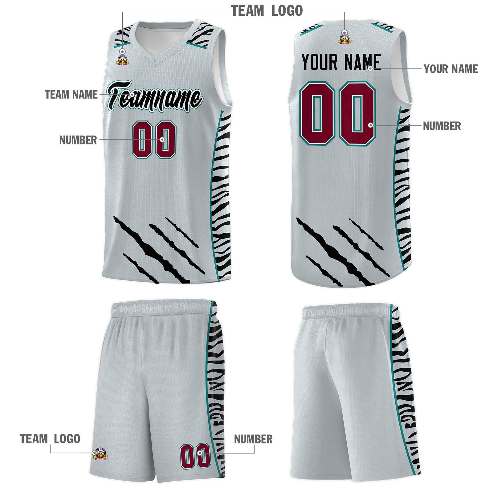 Custom Silver Personalized Tiger Claw Pattern Sports Uniform Basketball Jersey