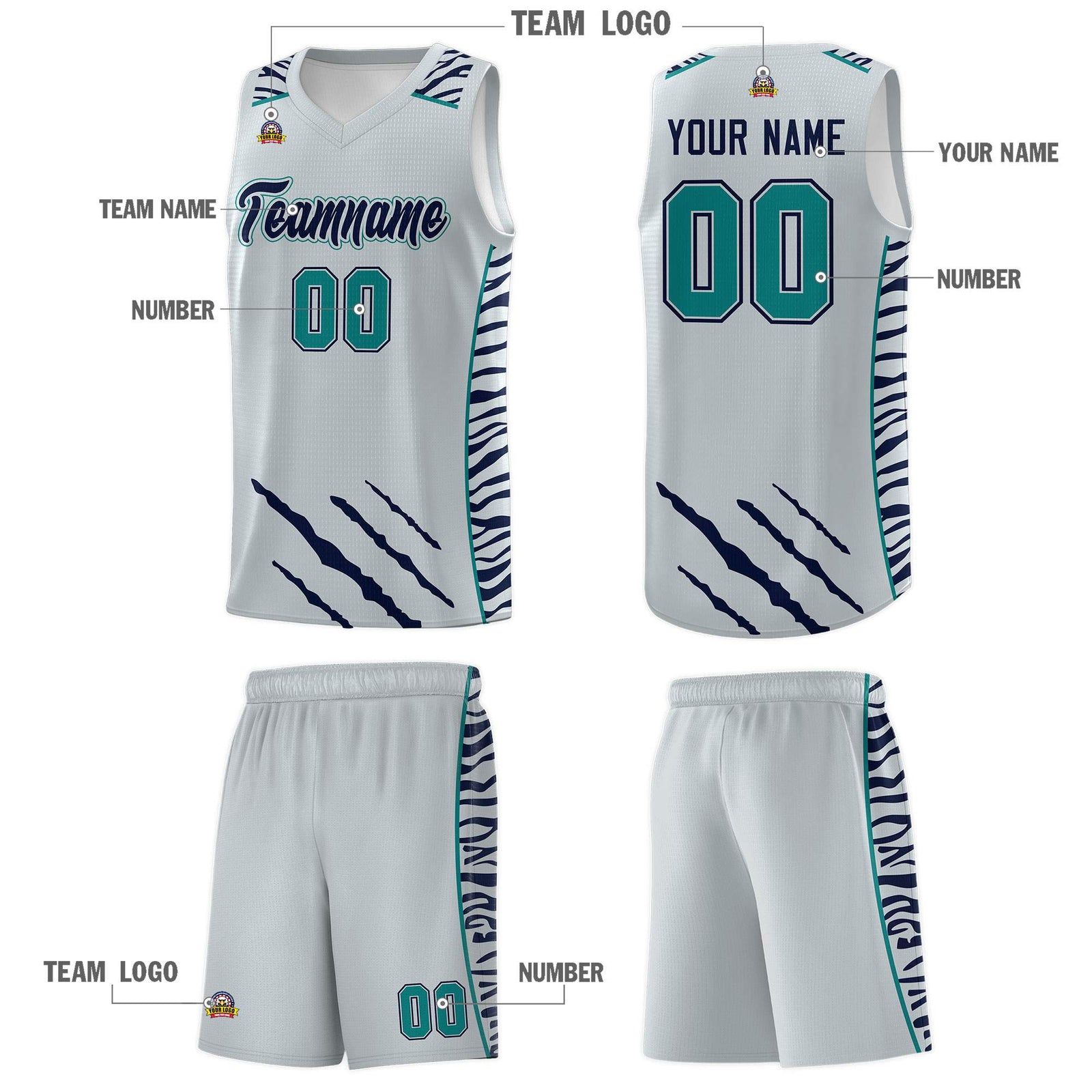 Custom Silver Personalized Tiger Claw Pattern Sports Uniform Basketball Jersey