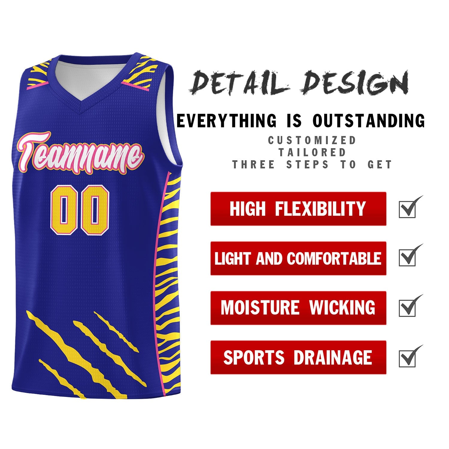 Custom Royal Personalized Tiger Claw Pattern Sports Uniform Basketball Jersey