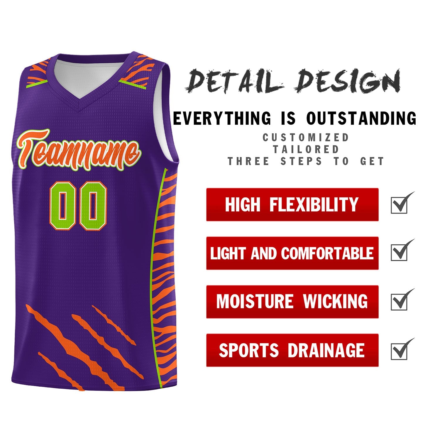 Custom Purple Personalized Tiger Claw Pattern Sports Uniform Basketball Jersey