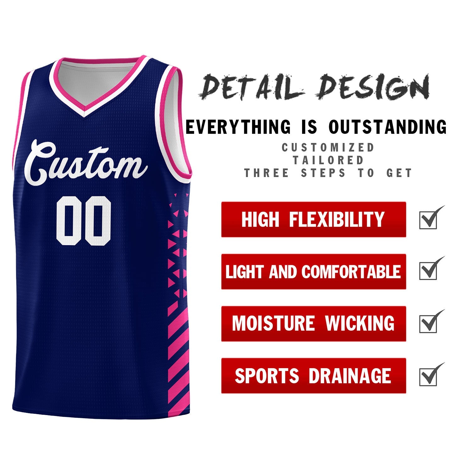 Custom Navy Rose Red White Side Diamond Shapes Stripes Basketball Jersey | For Men,Sublimation Printed,Perfect for Teams,Perfect for Coaches | KXKSHOP