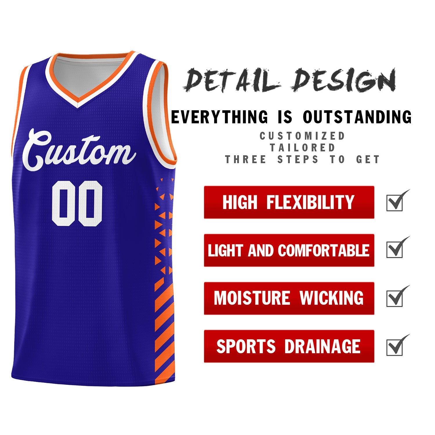 Custom Royal Blue Orange White Side Diamond Shapes Stripes Basketball Jersey | For Men,Sublimation Printed,Perfect for Teams,Perfect for Coaches | KXKSHOP