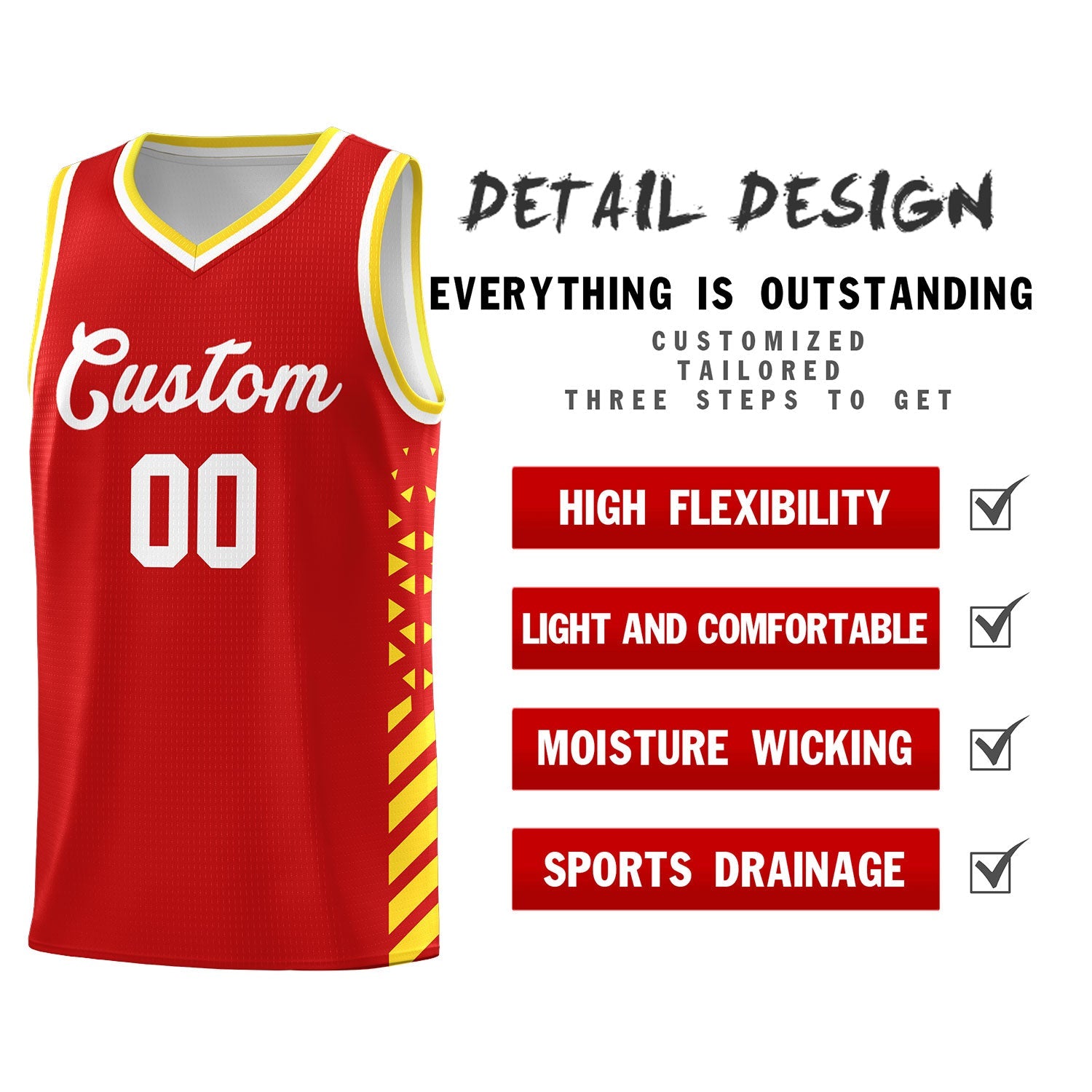 Custom Red Gold White Side Diamond Shapes Stripes Basketball Jersey | For Men,Sublimation Printed,Perfect for Teams,Perfect for Coaches | KXKSHOP