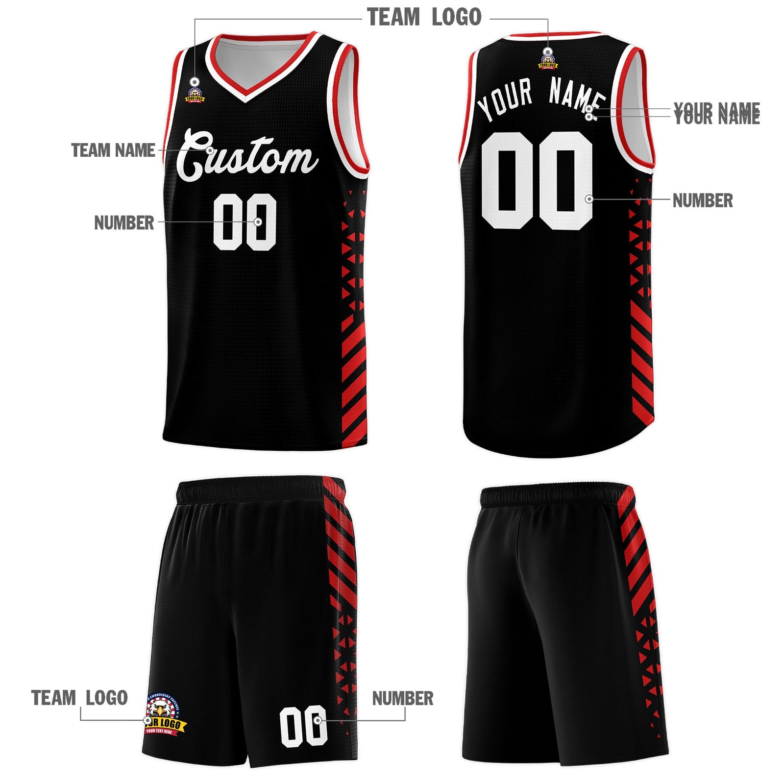 Custom Black Red White Side Diamond Shapes Stripes Basketball Jersey | For Men,Sublimation Printed,Perfect for Teams,Perfect for Coaches | KXKSHOP