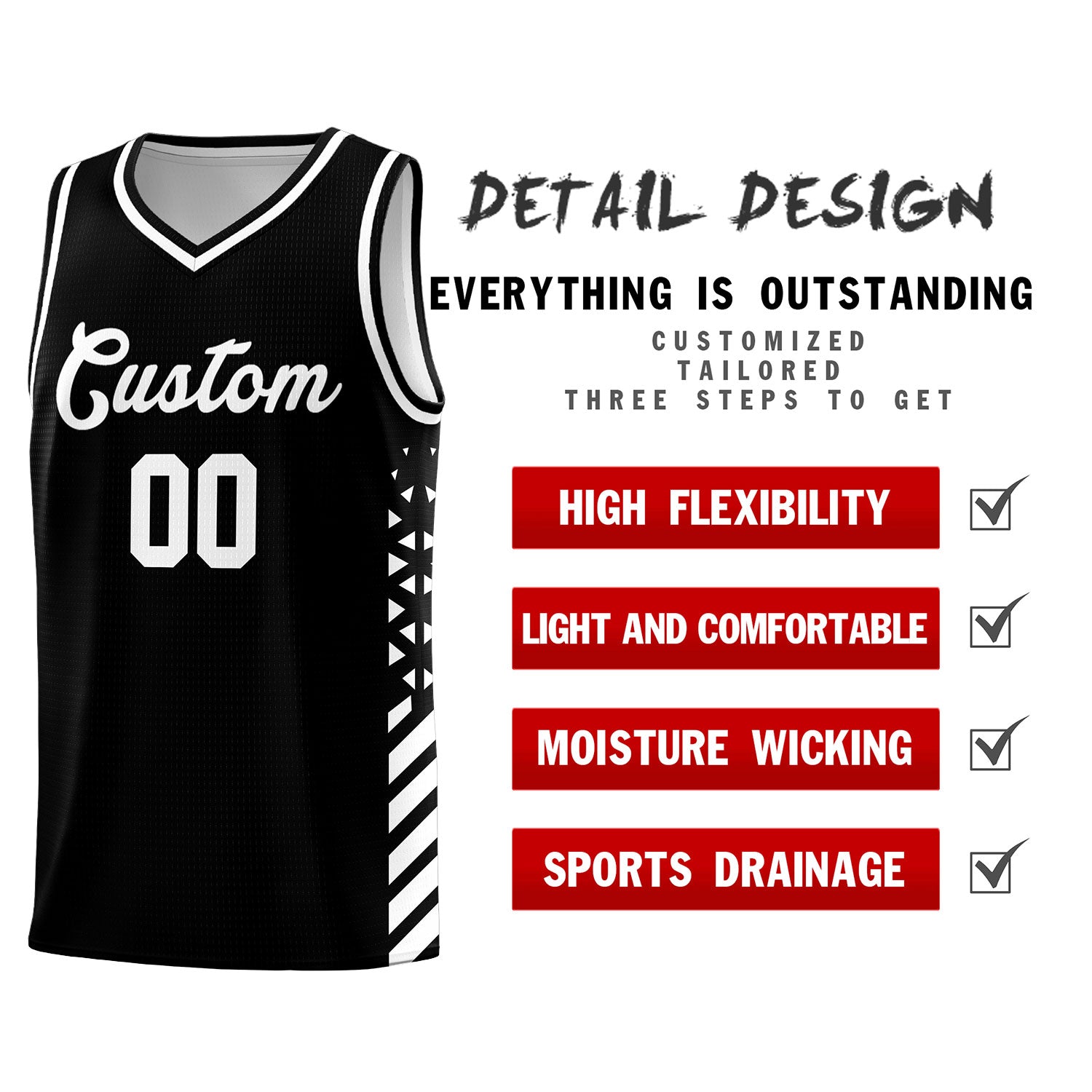Custom Black White Side Diamond Shapes Stripes Basketball Jersey | For Men,Sublimation Printed,Perfect for Teams,Perfect for Coaches | KXKSHOP