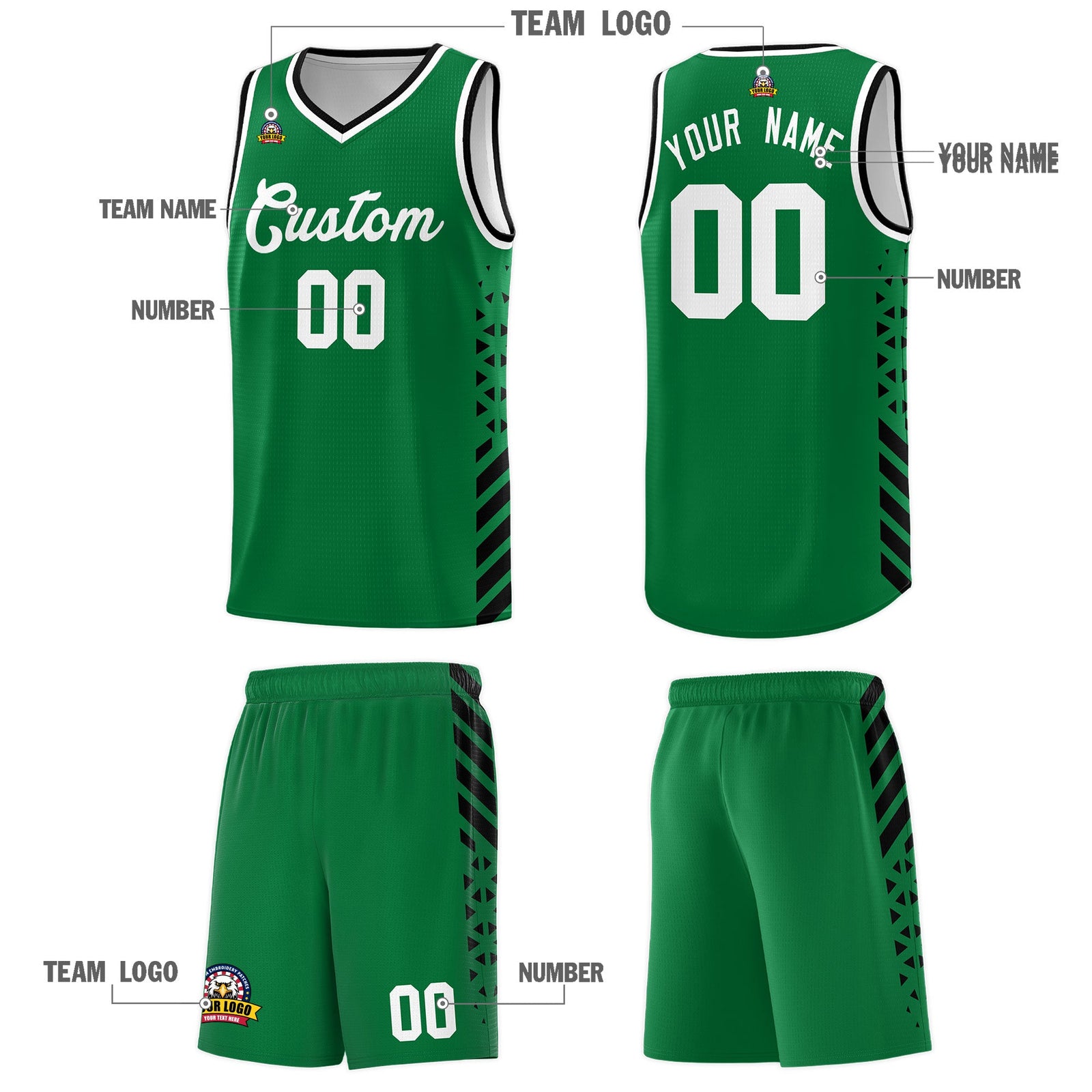 Custom Kelly Green Black White Side Diamond Shapes Stripes Basketball Jersey | For Men,Sublimation Printed,Perfect for Teams,Perfect for Coaches | KXKSHOP