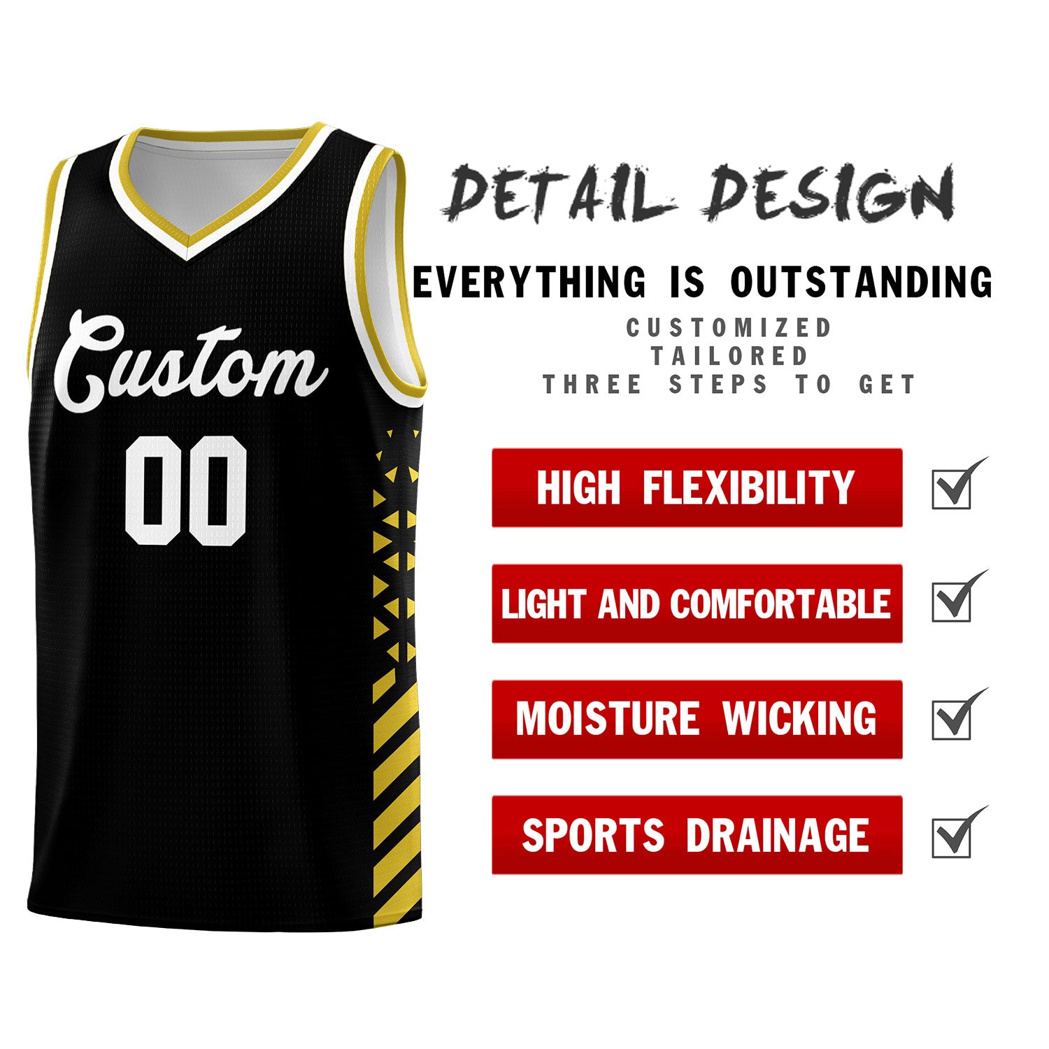 Custom Black Old Gold White Side Diamond Shapes Stripes Basketball Jersey | For Men,Sublimation Printed,Perfect for Teams,Perfect for Coaches | KXKSHOP