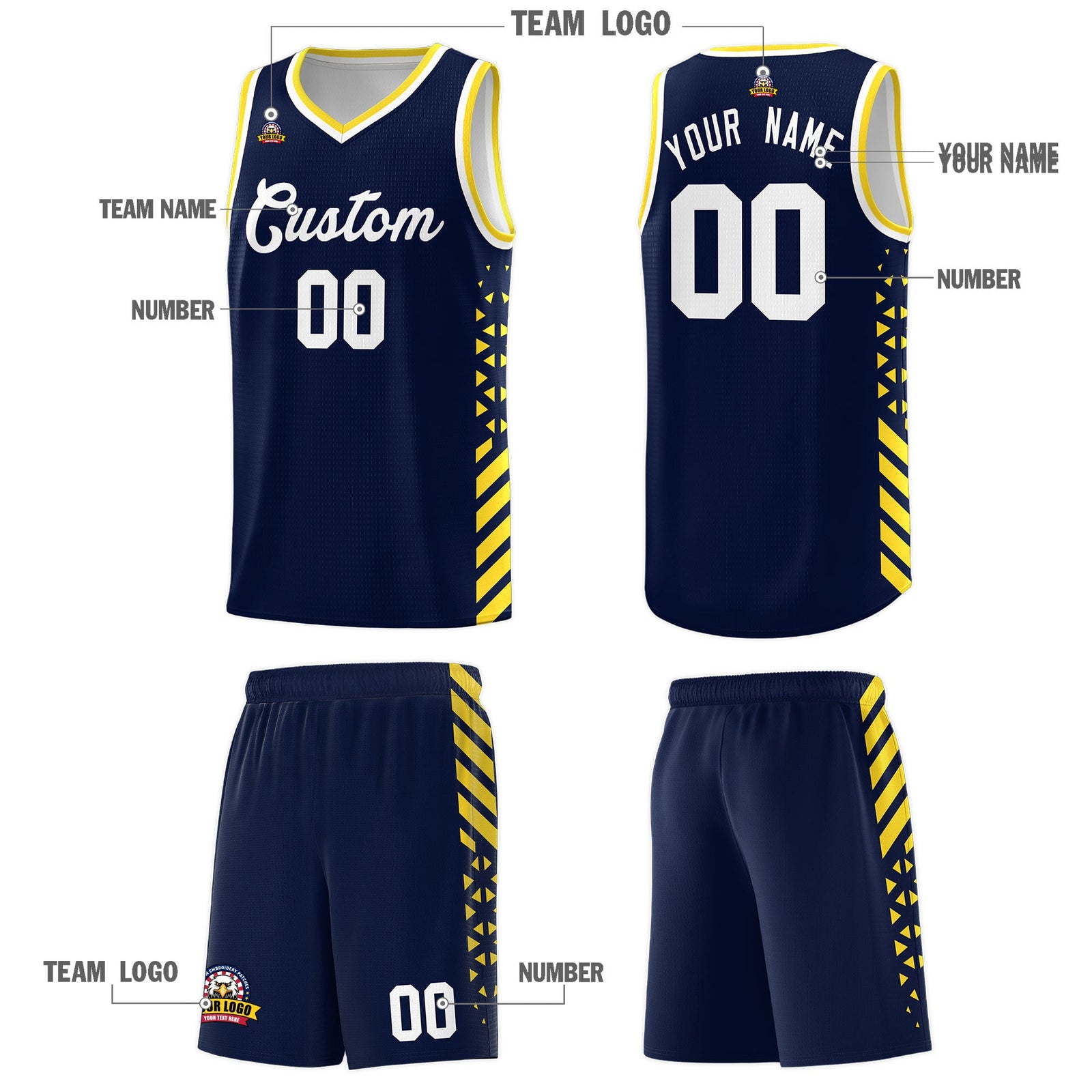 Custom Navy Gold White Side Diamond Shapes Stripes Basketball Jersey | For Men,Sublimation Printed,Perfect for Teams,Perfect for Coaches | KXKSHOP