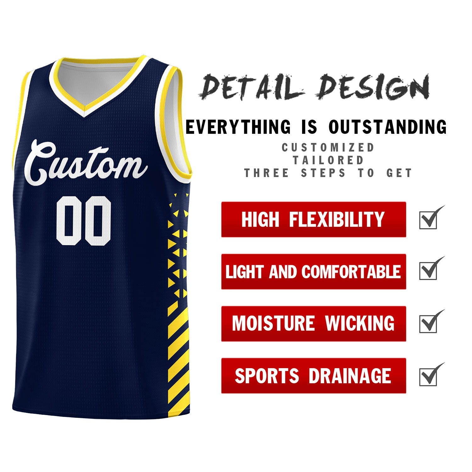 Custom Navy Gold White Side Diamond Shapes Stripes Basketball Jersey | For Men,Sublimation Printed,Perfect for Teams,Perfect for Coaches | KXKSHOP