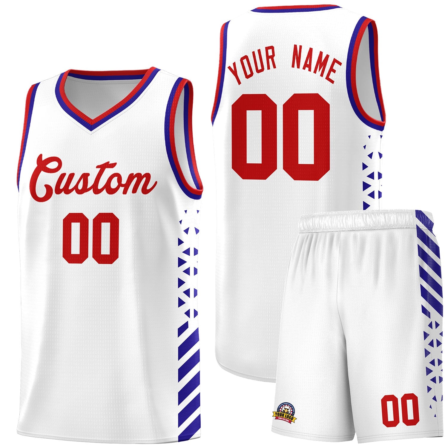 Custom White Royal Blue Red Side Diamond Shapes Stripes Basketball Jersey | For Men,Sublimation Printed,Perfect for Teams,Perfect for Coaches | KXKSHOP