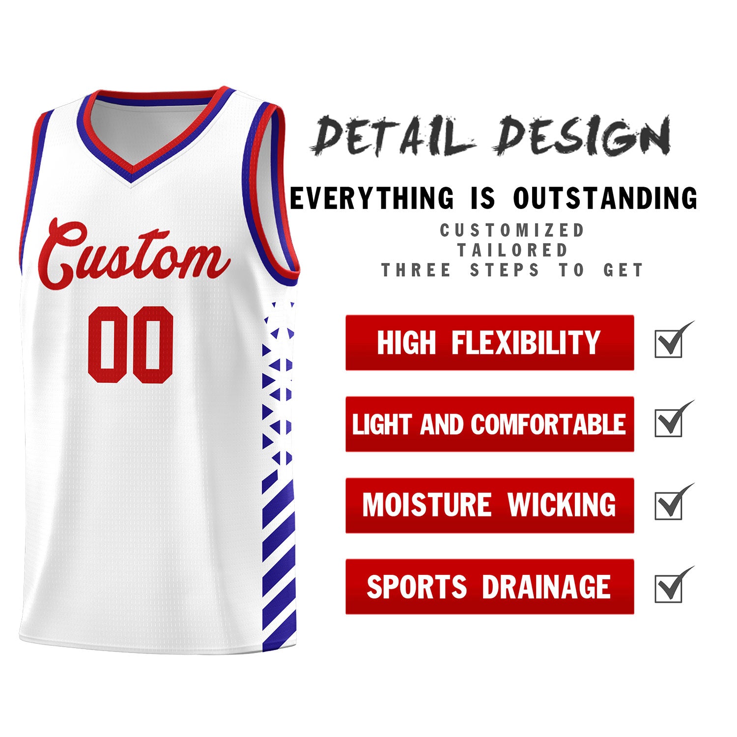 Custom White Royal Blue Red Side Diamond Shapes Stripes Basketball Jersey | For Men,Sublimation Printed,Perfect for Teams,Perfect for Coaches | KXKSHOP