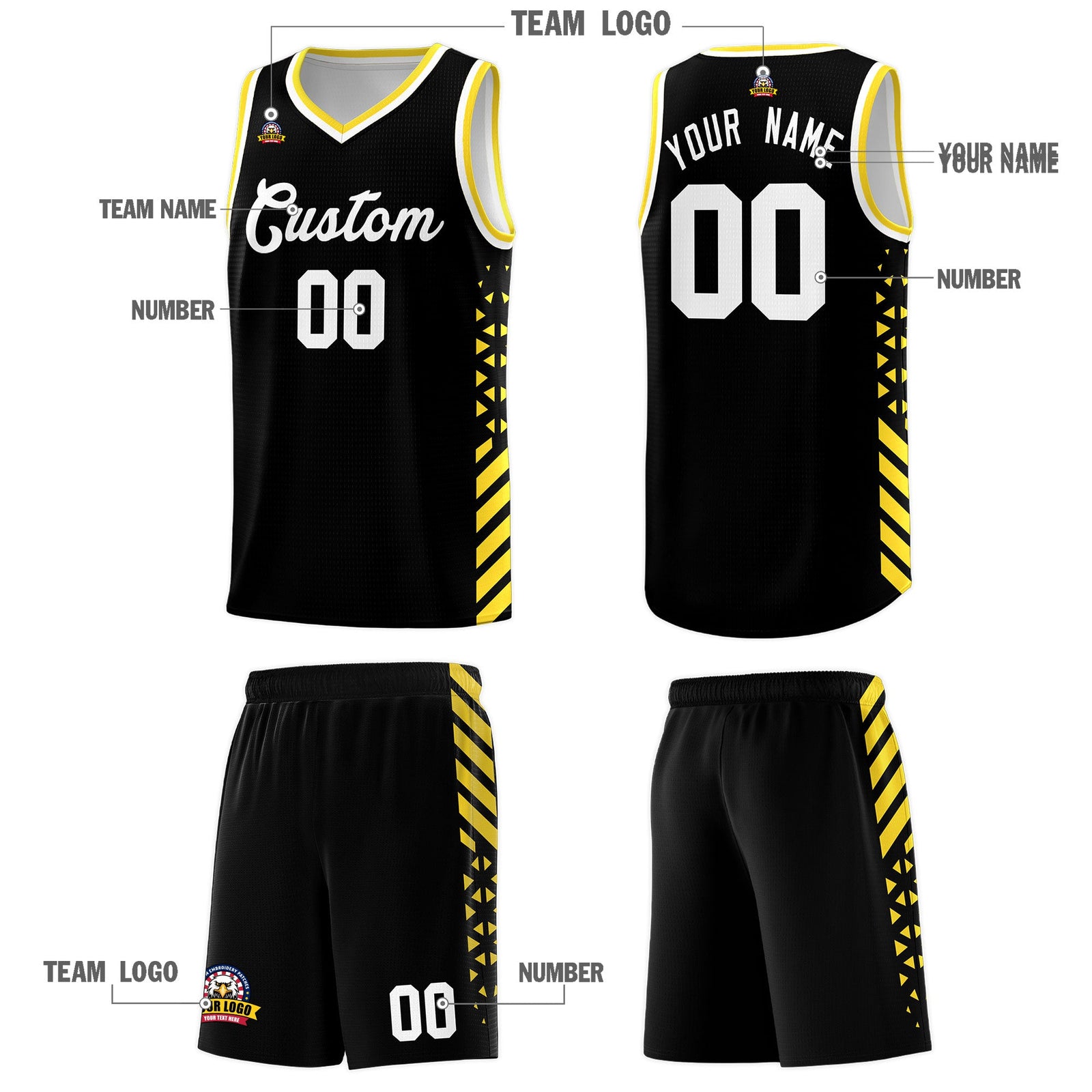 Custom Black Gold White Side Diamond Shapes Stripes Basketball Jersey | For Men,Sublimation Printed,Perfect for Teams,Perfect for Coaches | KXKSHOP