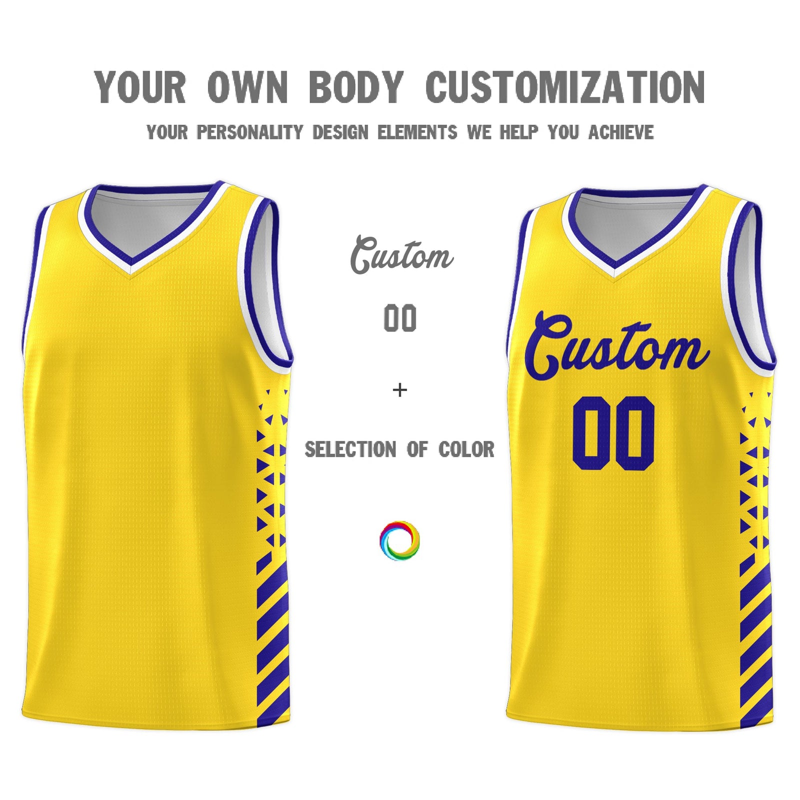 Custom Gold Royal Blue White Side Diamond Shapes Stripes Basketball Jersey | For Men,Sublimation Printed,Perfect for Teams,Perfect for Coaches | KXKSHOP