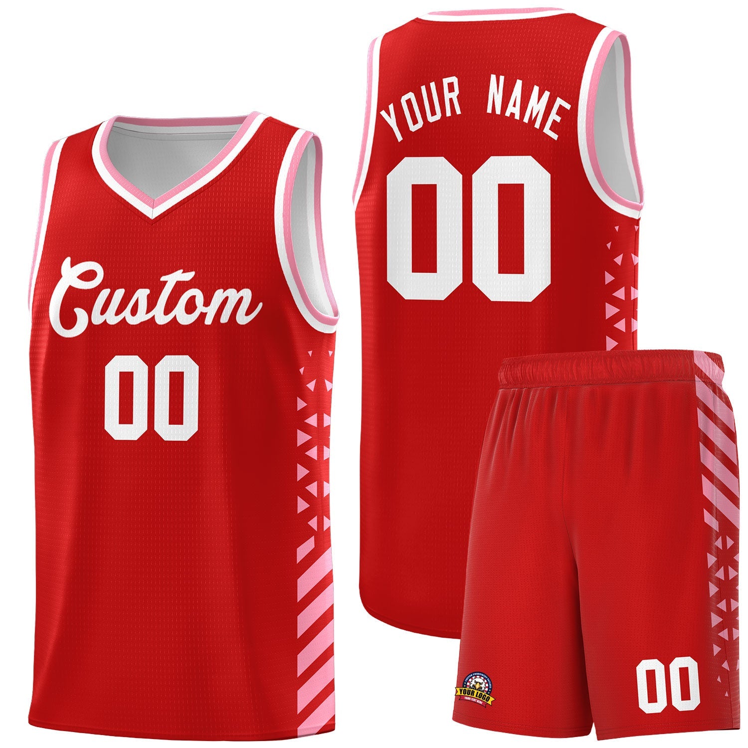 Custom Red Light Pink White Side Diamond Shapes Stripes Basketball Jersey | For Men,Sublimation Printed,Perfect for Teams,Perfect for Coaches | KXKSHOP