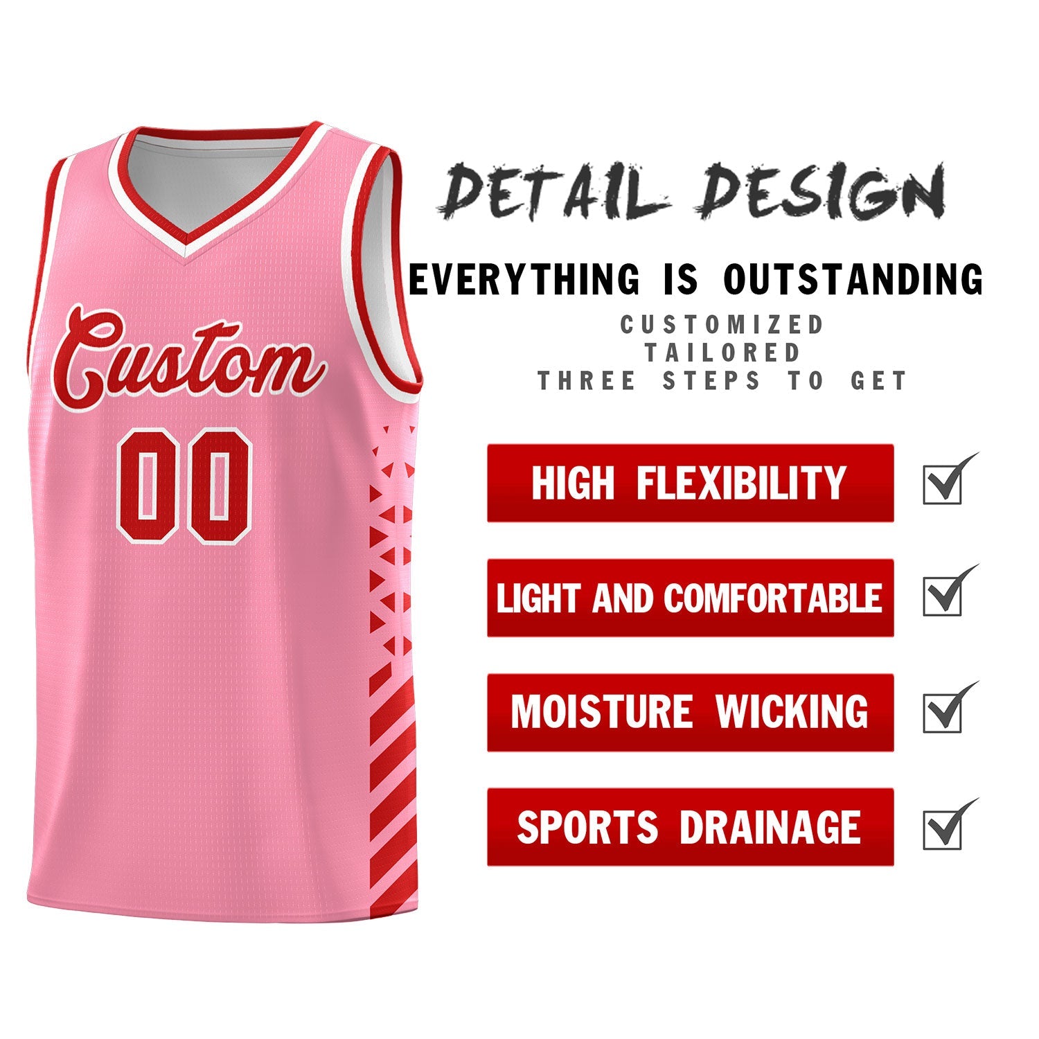 Custom Light Pink Red White Side Diamond Shapes Stripes Basketball Jersey | For Men,Sublimation Printed,Perfect for Teams,Perfect for Coaches | KXKSHOP