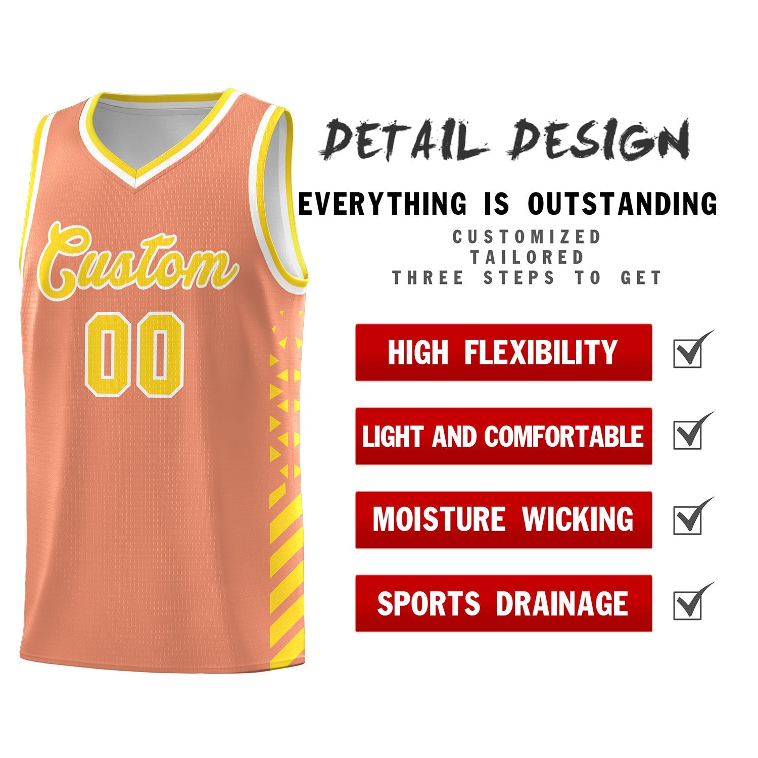 Custom Light Orange Gold White Side Diamond Shapes Stripes Basketball Jersey | For Men,Sublimation Printed,Perfect for Teams,Perfect for Coaches | KXKSHOP